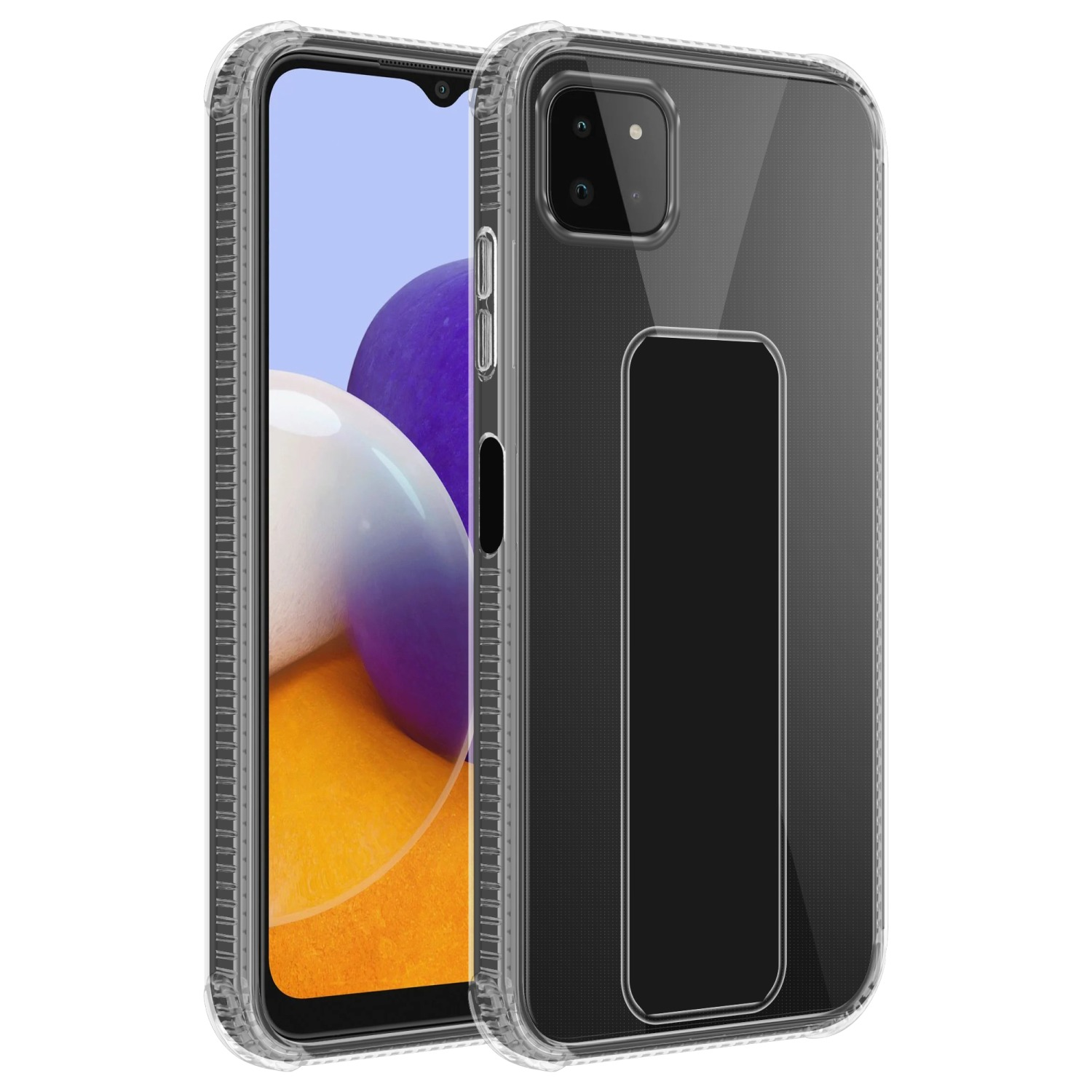 Eine transparente Handyhülle mit schwarzem Griff und Telefon darin.