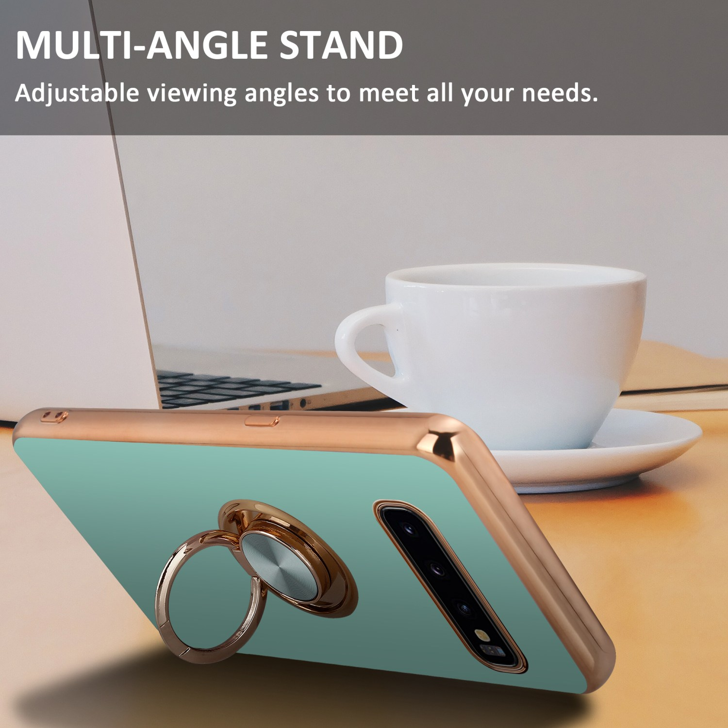 Telefono con supporto ad anello su un tavolo di legno, con una tazza di caffè e un laptop sullo sfondo.
