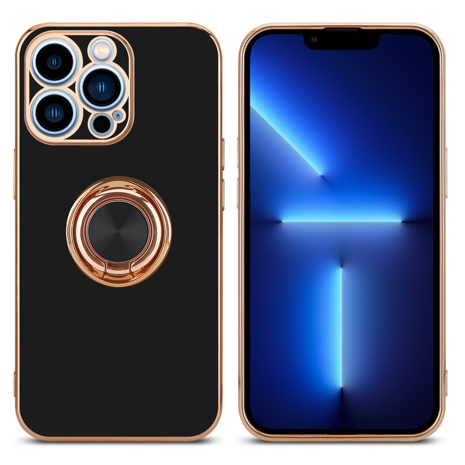 Schwarze Handyhülle mit Goldring. Das Telefon hat einen blauen Bildschirm. Die Hülle liegt auf weißem Untergrund.
