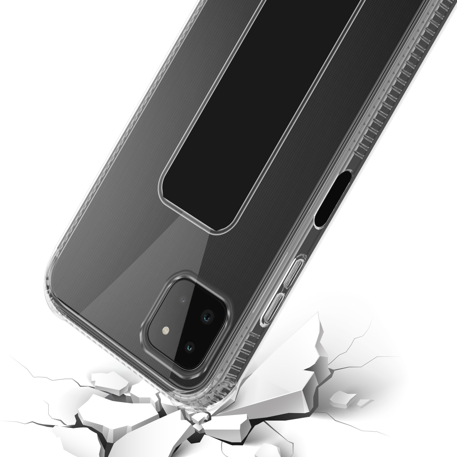 Transparente Handyhülle mit Rissen, Telefon scheint herunterzufallen.
