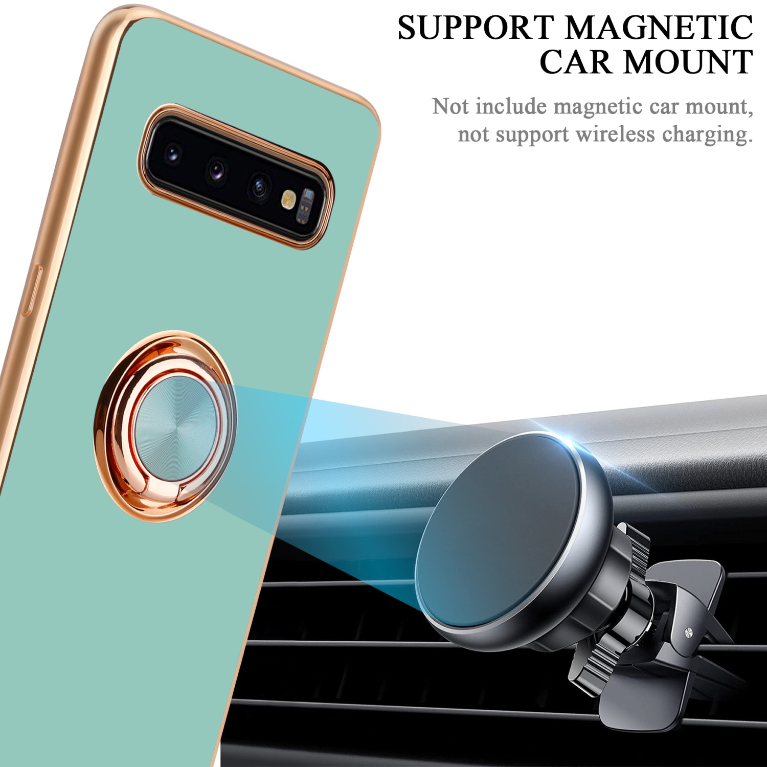 Telefono con custodia verde acqua, supporto per bocchetta dell'auto, sfondo bianco.