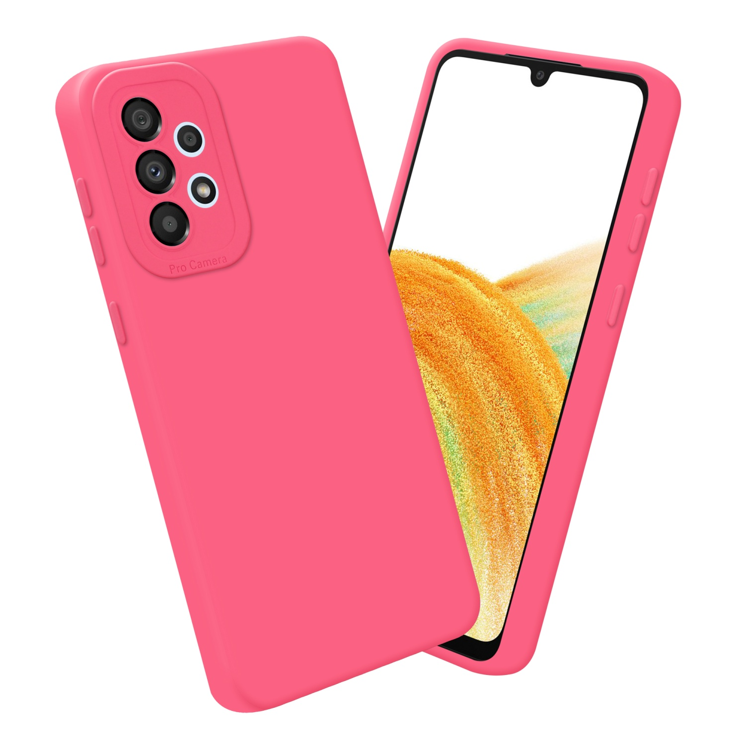 Una custodia per telefono rosa con un telefono all'interno. La custodia ha un rigonfiamento della fotocamera. Lo sfondo è bianco.