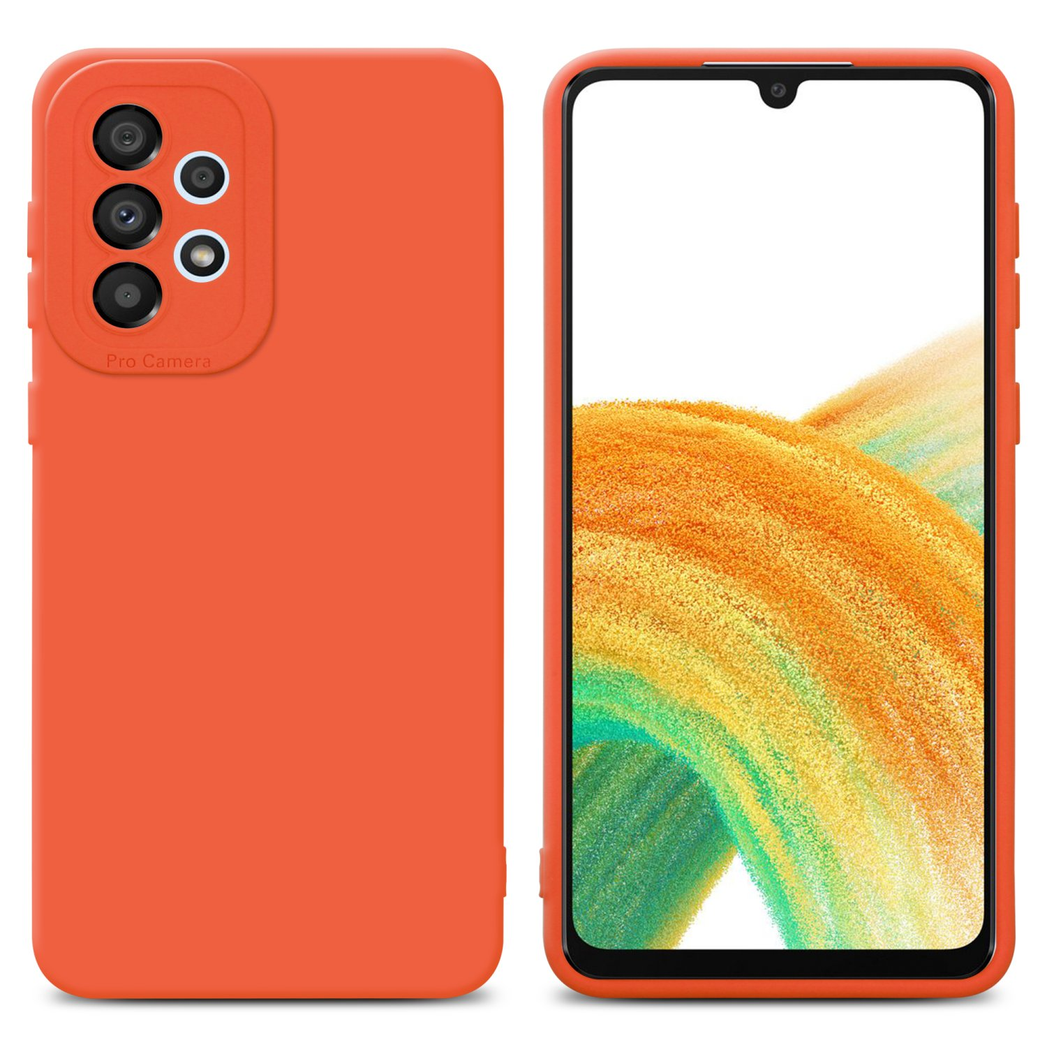 Custodia arancione per telefono, che copre la fotocamera. Schermo visibile.