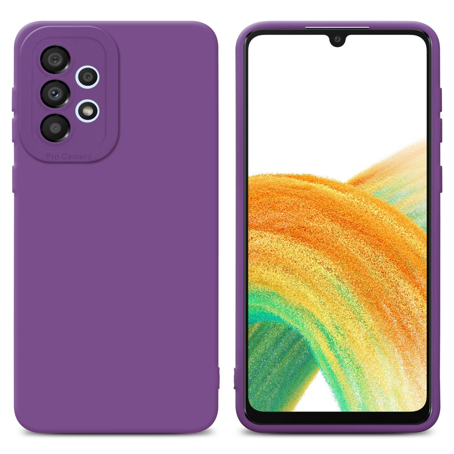 Custodia per telefono viola su un telefono, con lo schermo del telefono che mostra uno sfondo astratto colorato.