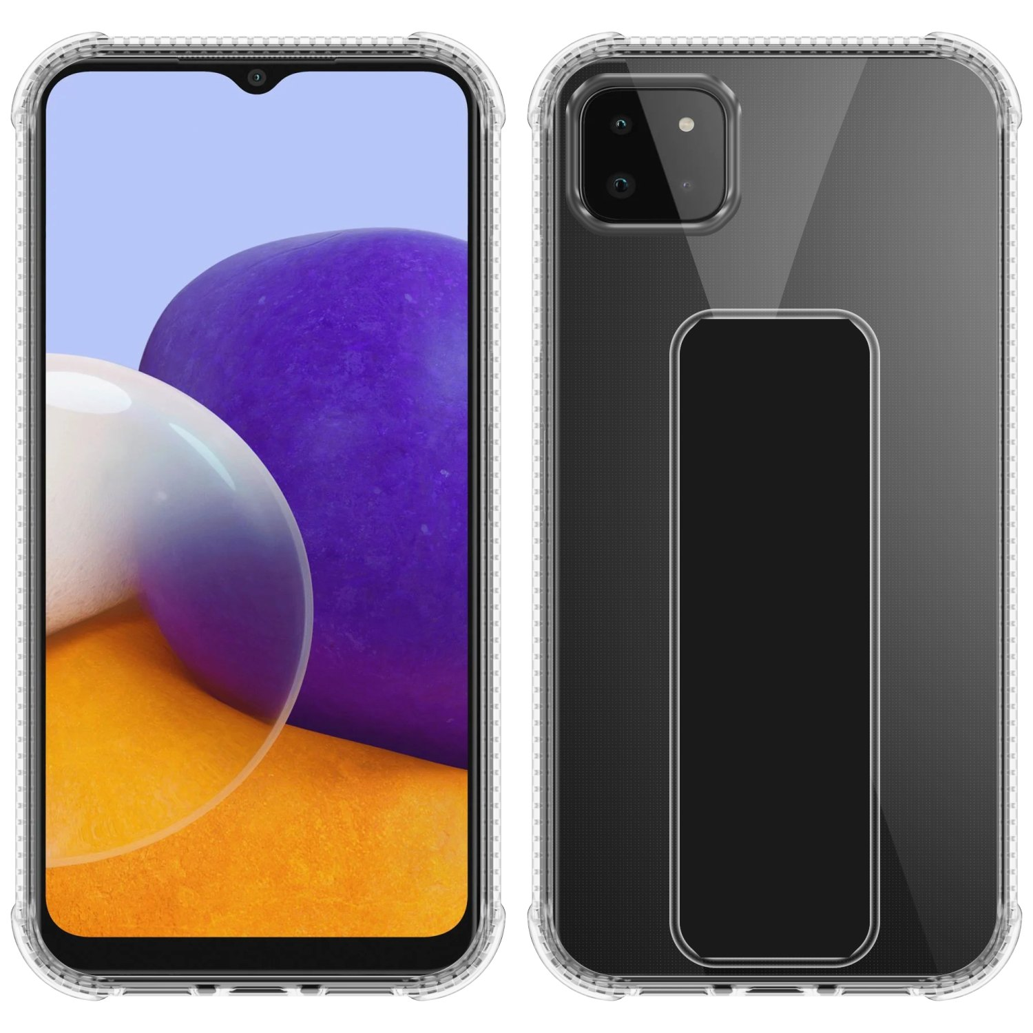 Transparente Handyhülle mit Telefon darin. Das Telefon hat einen Bildschirm, die Hülle einen Ständer. Weisser Hintergrund.