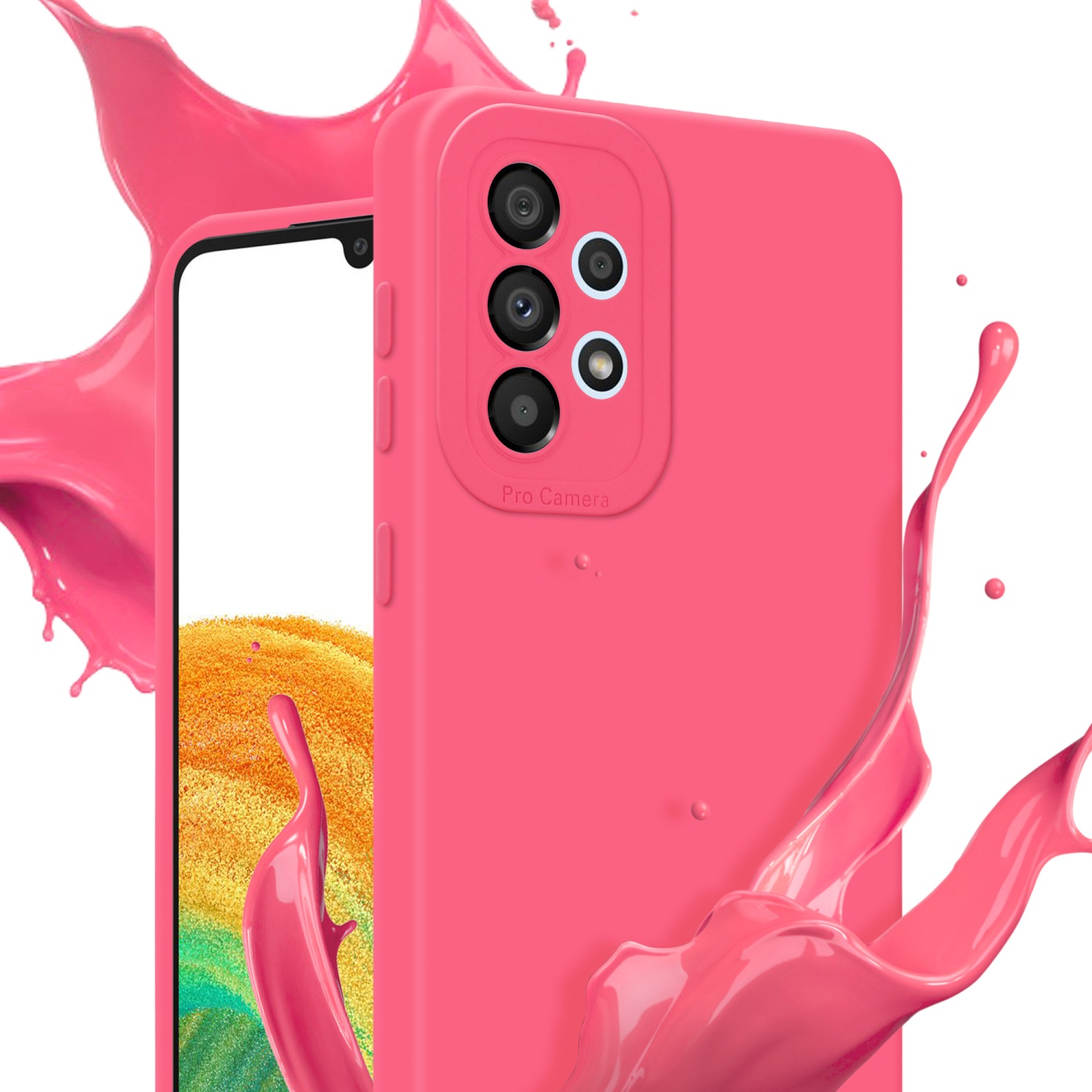 Custodia e telefono rosa con schizzi di vernice rosa.