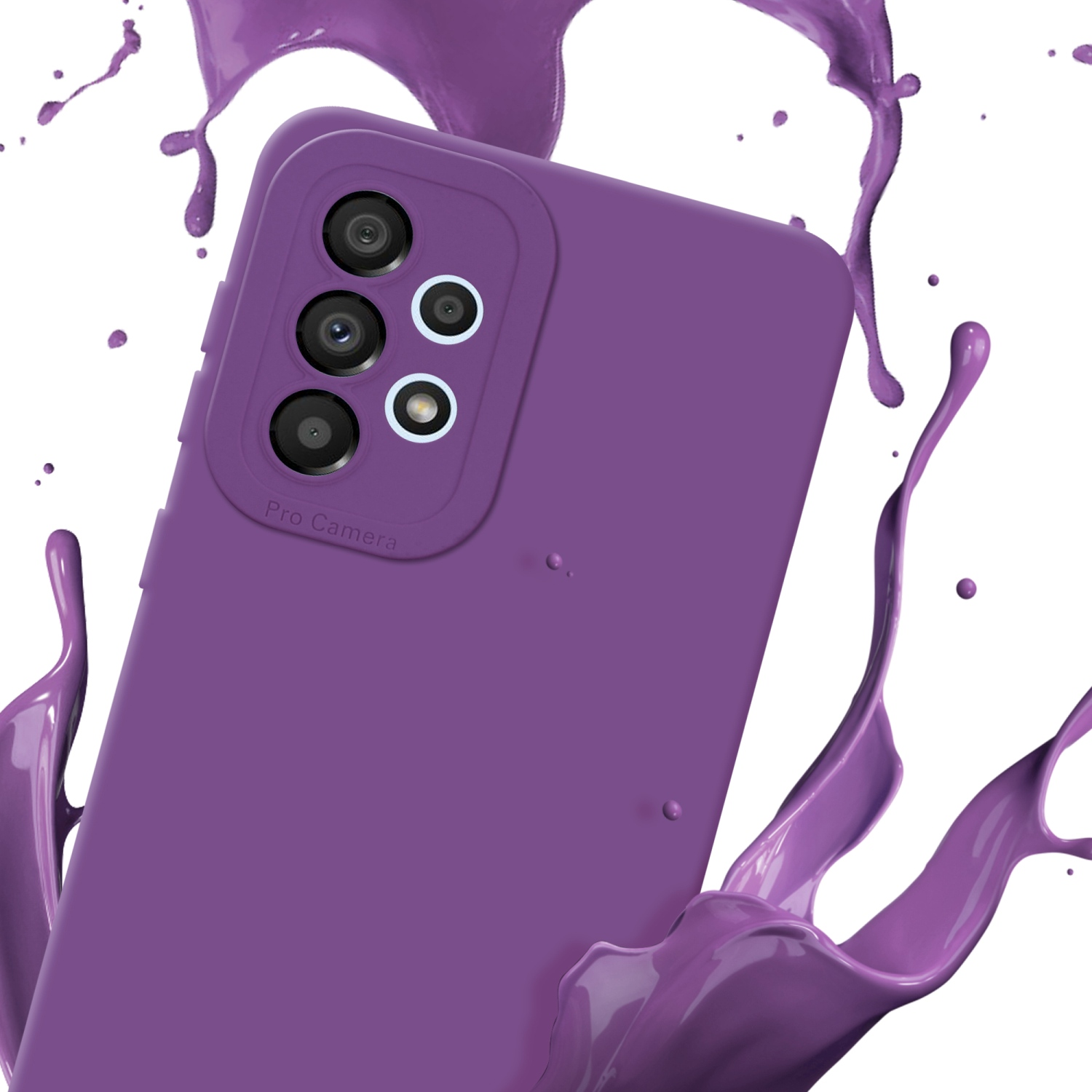 Custodia viola con tre fotocamere, cosparsa di vernice viola. Testo: Pro Camera.