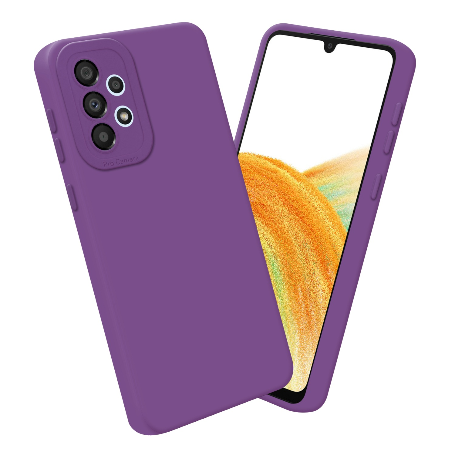 Due custodie viola per telefono. Una mostra lo schermo con una forma arancione.