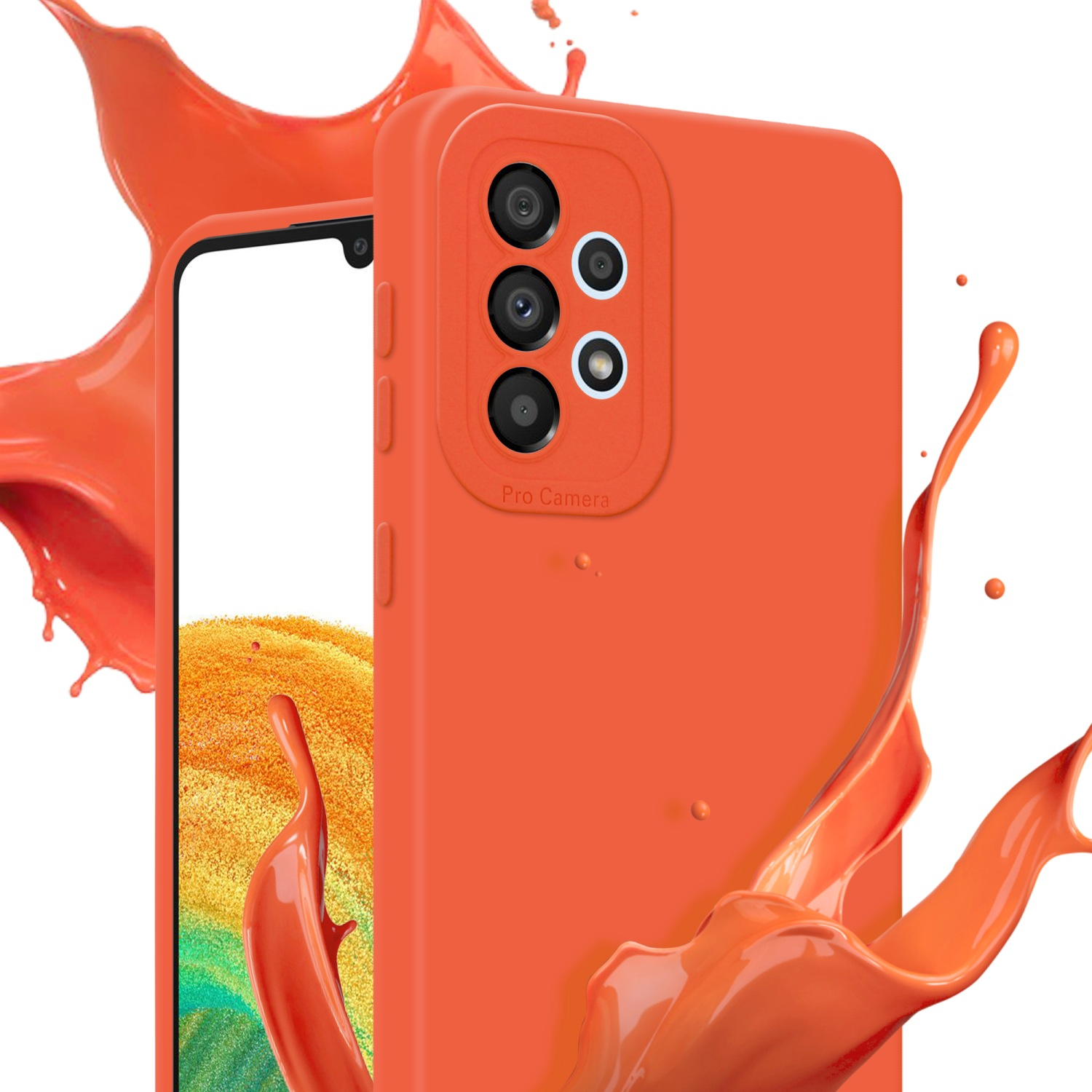 Un telefono in una custodia arancione con un design di fotocamera professionale e spruzzi di liquido arancione.