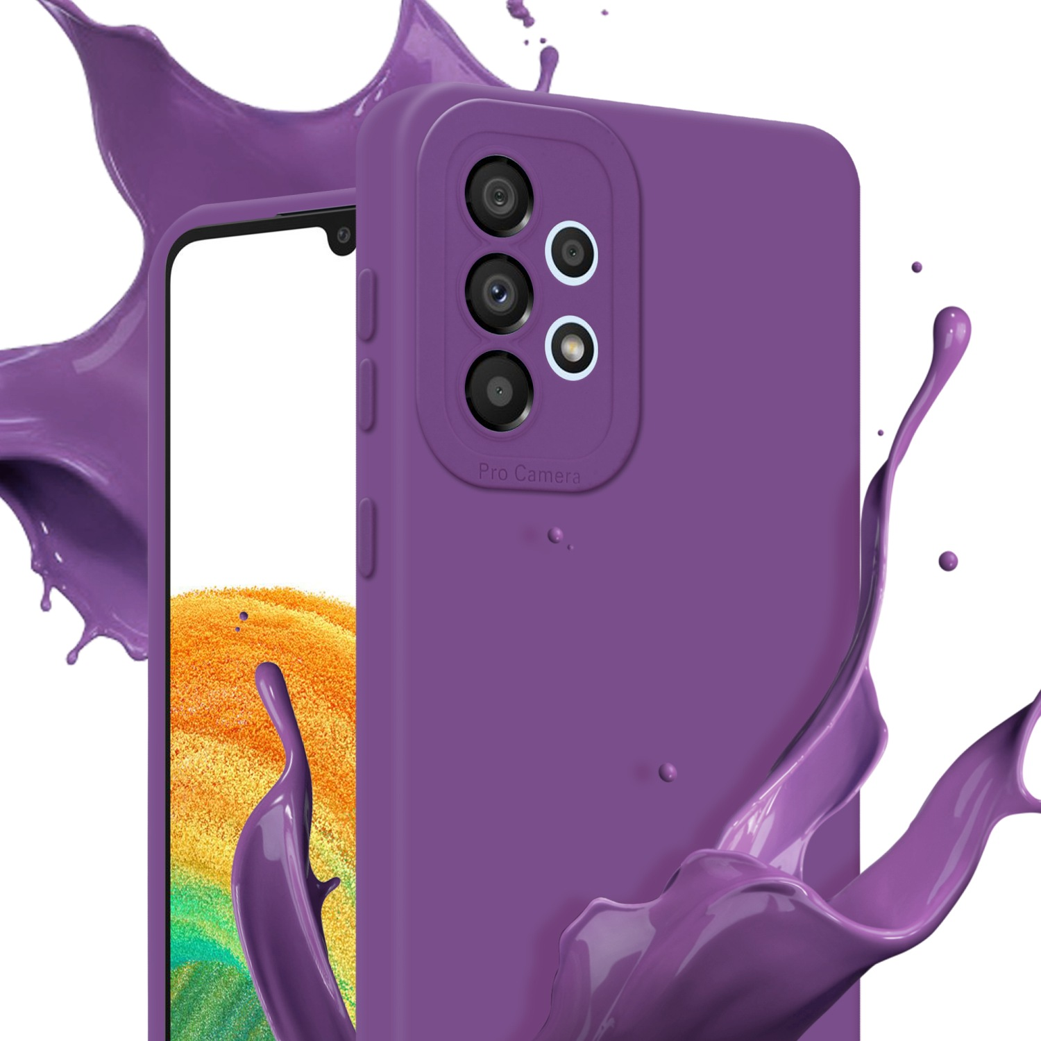 Custodia per telefono viola. Fotocamera Pro. Il telefono è parzialmente visibile. Spruzzi di liquido viola.