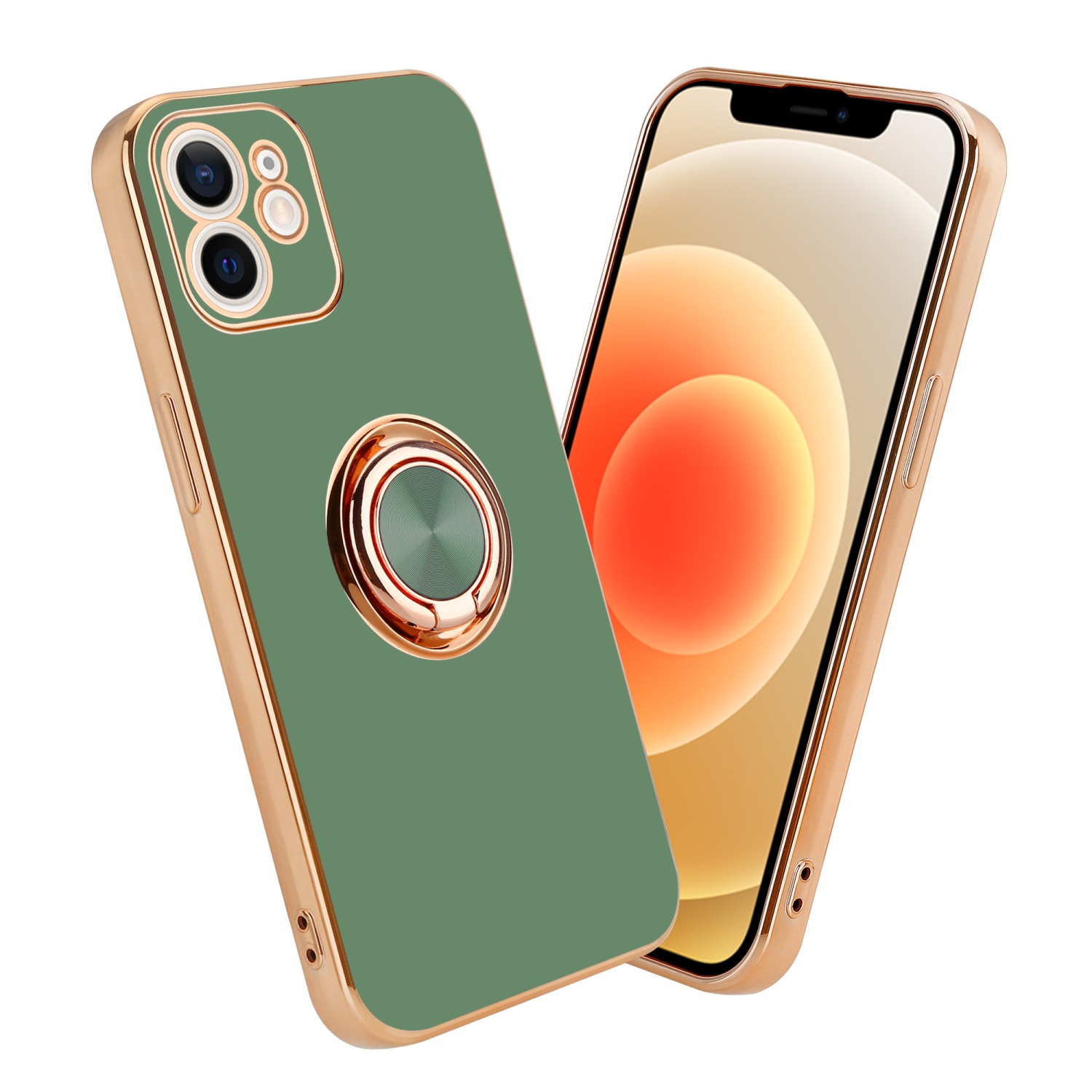 Grüne Handyhülle mit Goldrand und Ringhalter. Telefon in der Hülle.