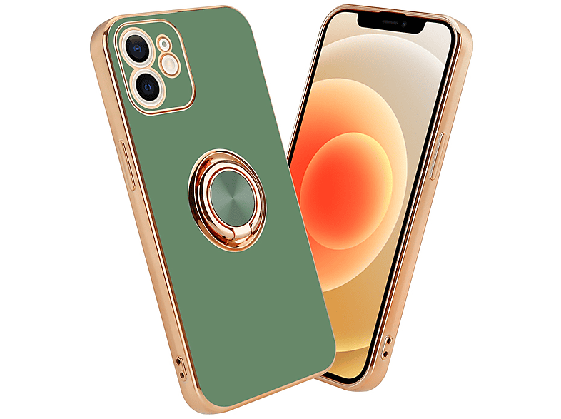 CADORABO Hülle mit Kameraschutz und magnetischer Autohalterung, Backcover, Apple, iPhone 12, Glossy Hell Grün - Gold | Backcover