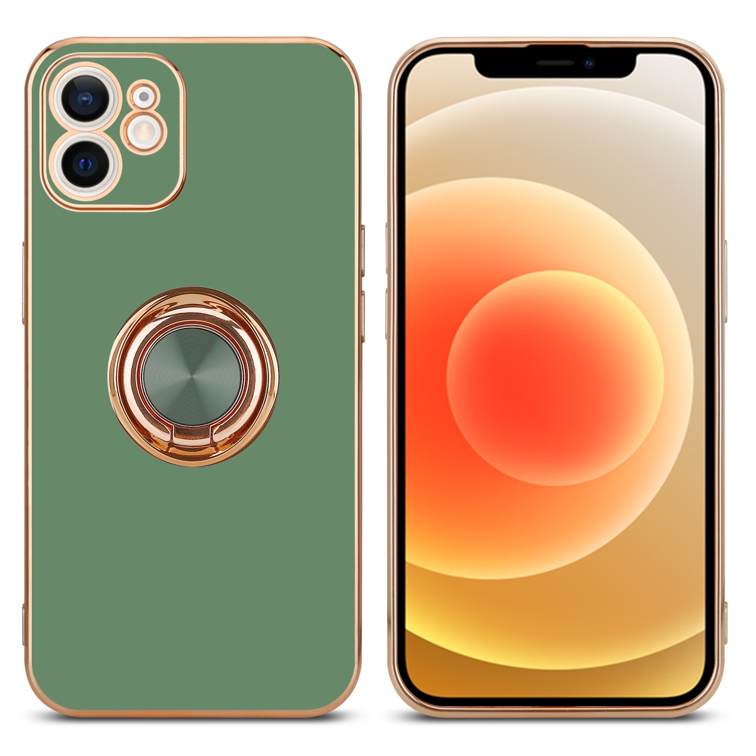 Zwei Telefone: grüne Hülle mit Ring, goldener Zierleiste und ein Telefon mit Bildschirm und goldener Zierleiste.