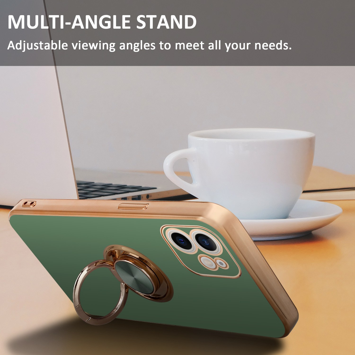 Ein Telefon in einer Hülle mit einem Ring auf einem Tisch. Im Hintergrund befinden sich eine Tasse und ein Laptop.