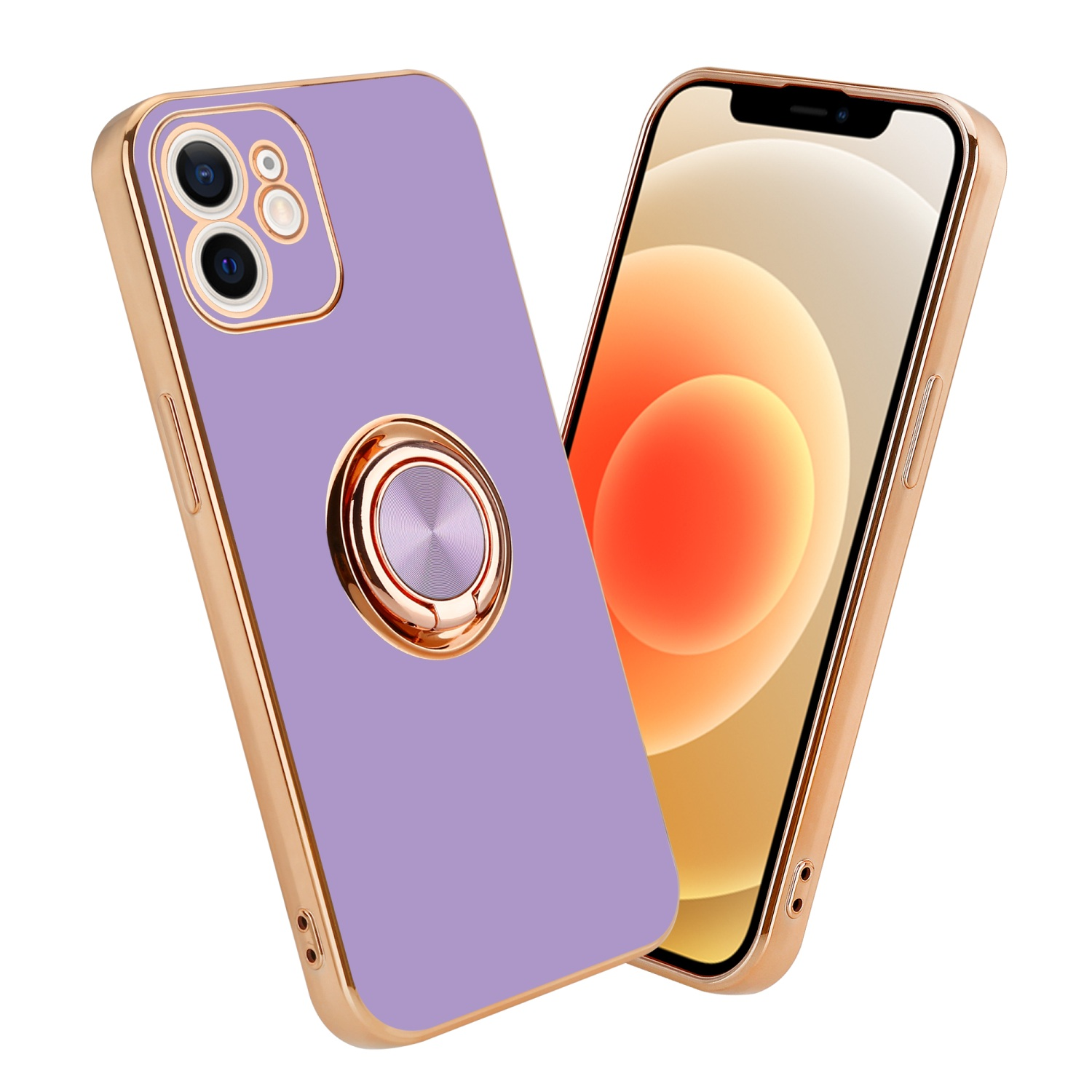 Lila Handyhülle mit goldenem Rand, einem goldenen Ring. Das zweite Telefon ist rechts.
