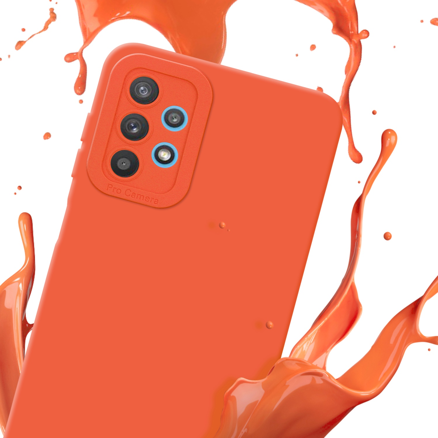Custodia arancione per telefono con telefono, spruzzi di liquido arancione.