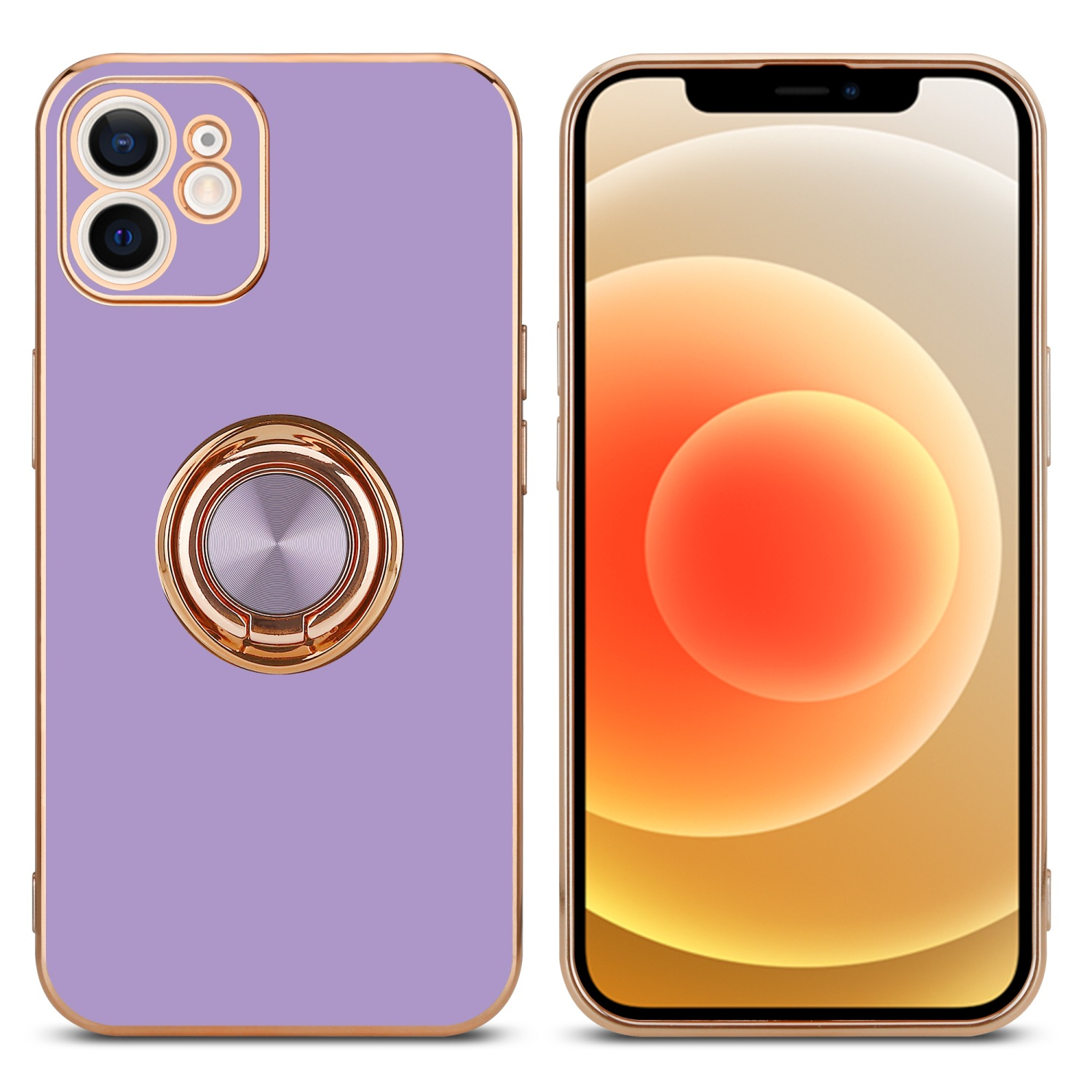 Ein Telefon und eine Handyhülle. Die Hülle ist lila und goldfarben. Telefon sichtbar.
