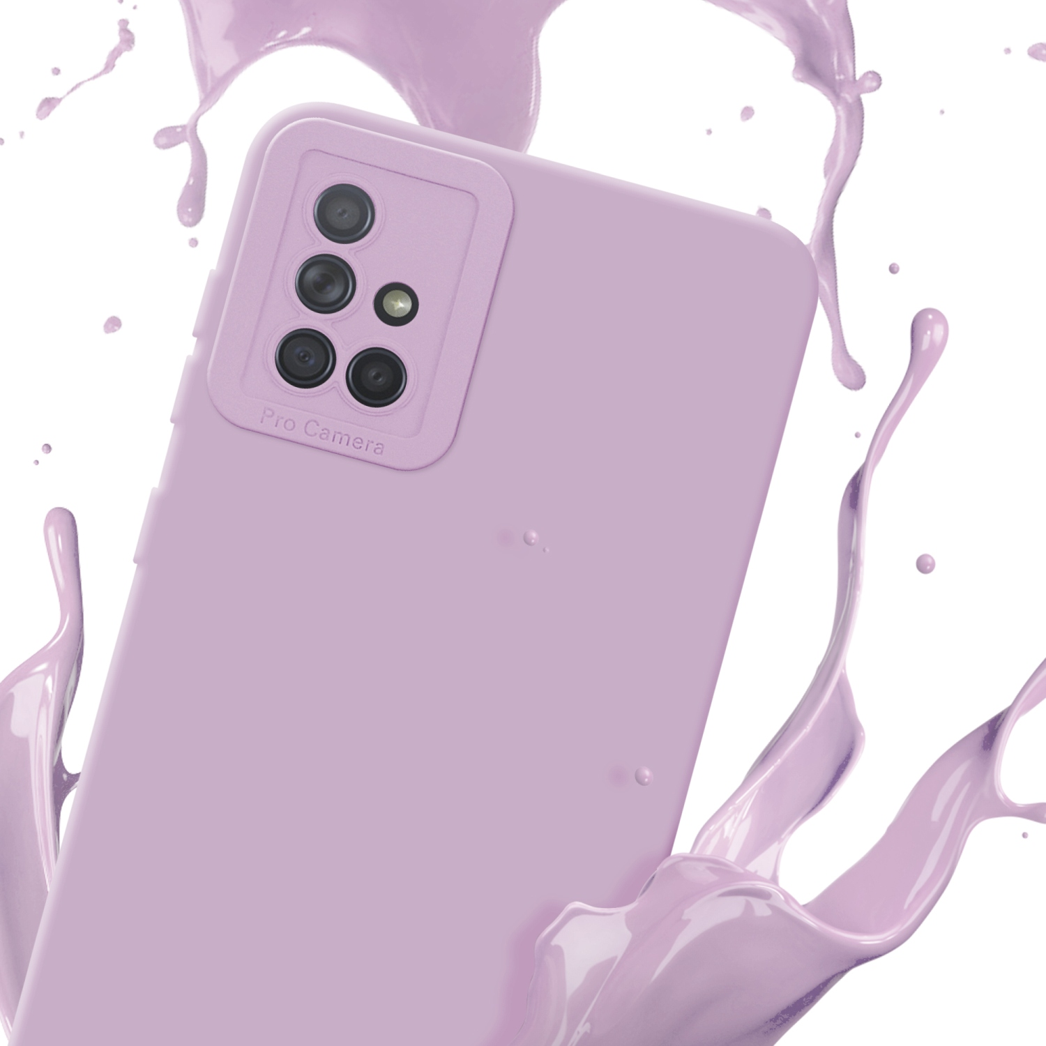 Coque de téléphone lilas avec caméra et éclaboussures. Fond blanc avec gouttes de peinture.
