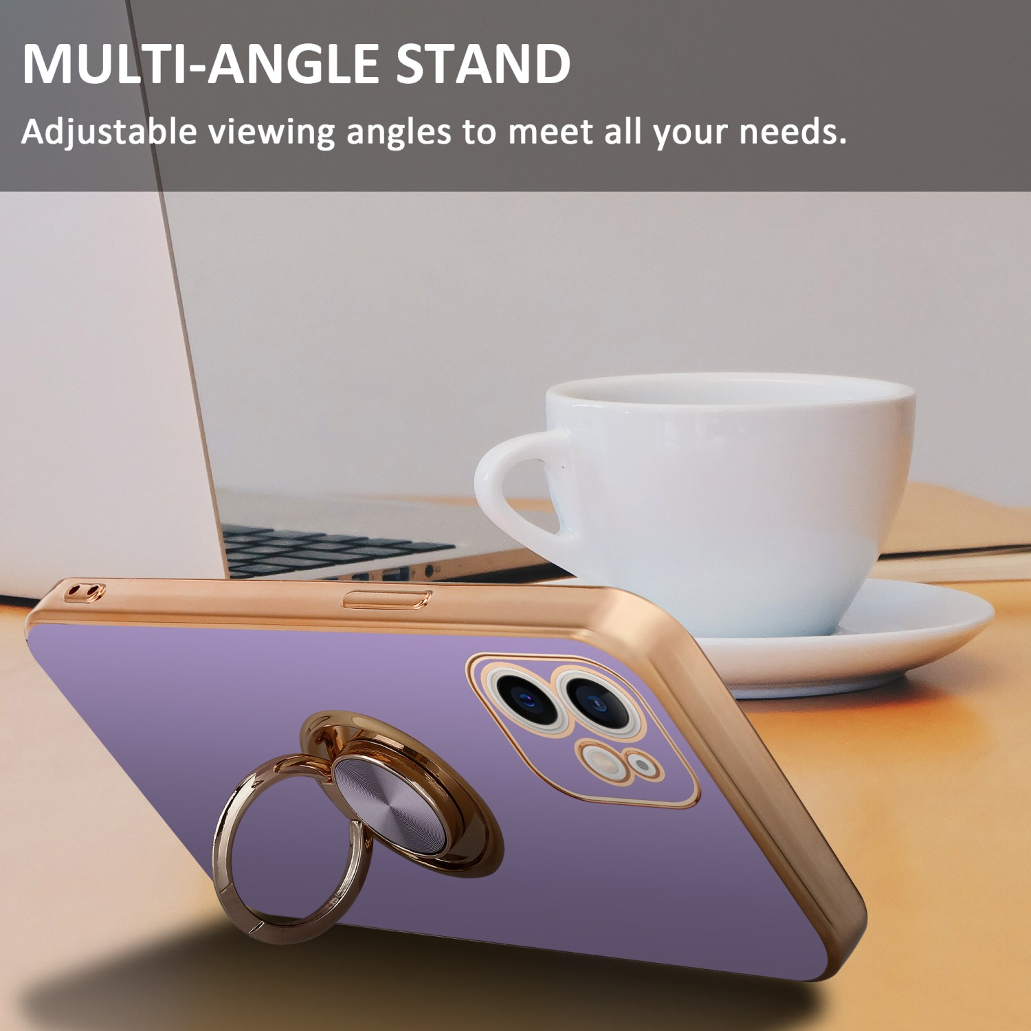 Goldene Handyhülle mit lila Rückseite, Ringständer und weißer Tasse auf Untertasse, mit Text.