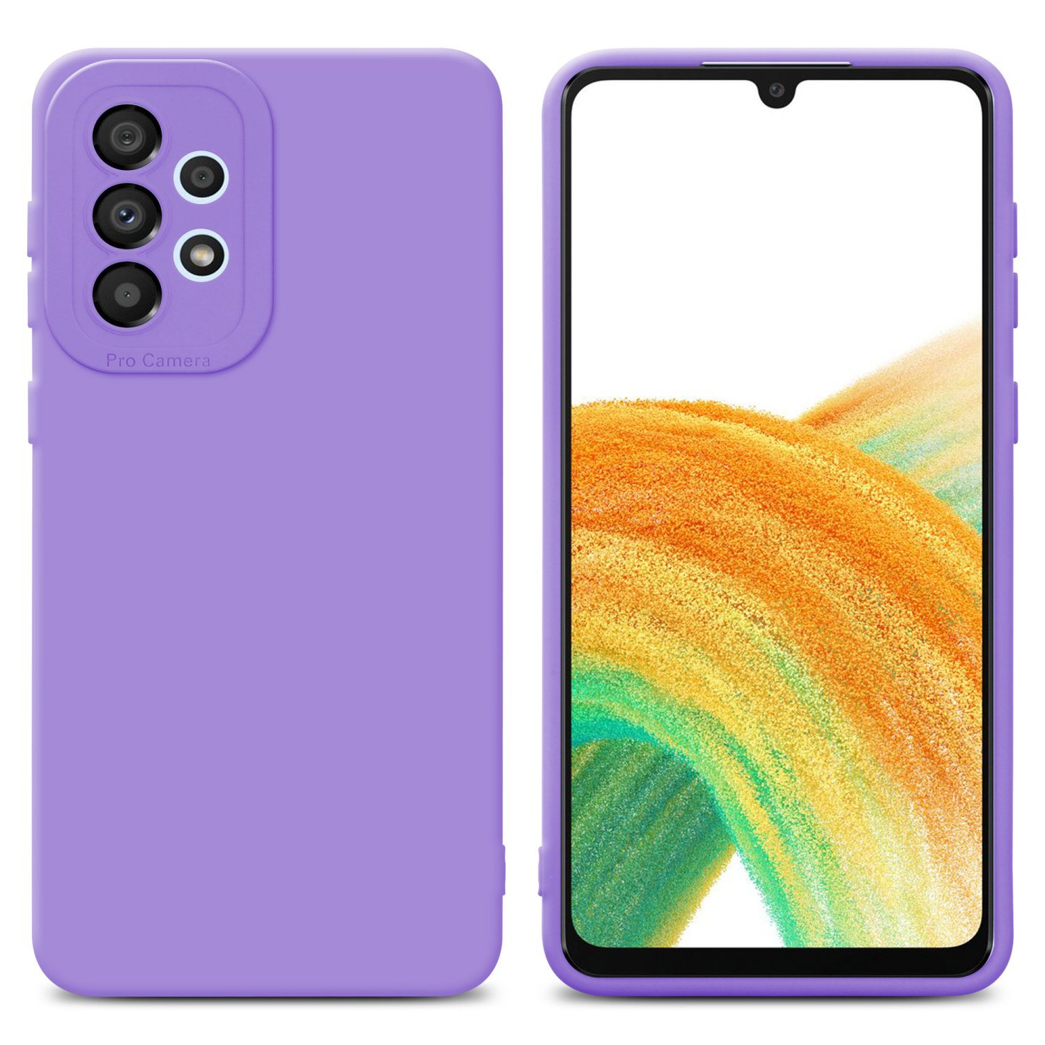Telefono e custodia viola con più obiettivi della fotocamera.