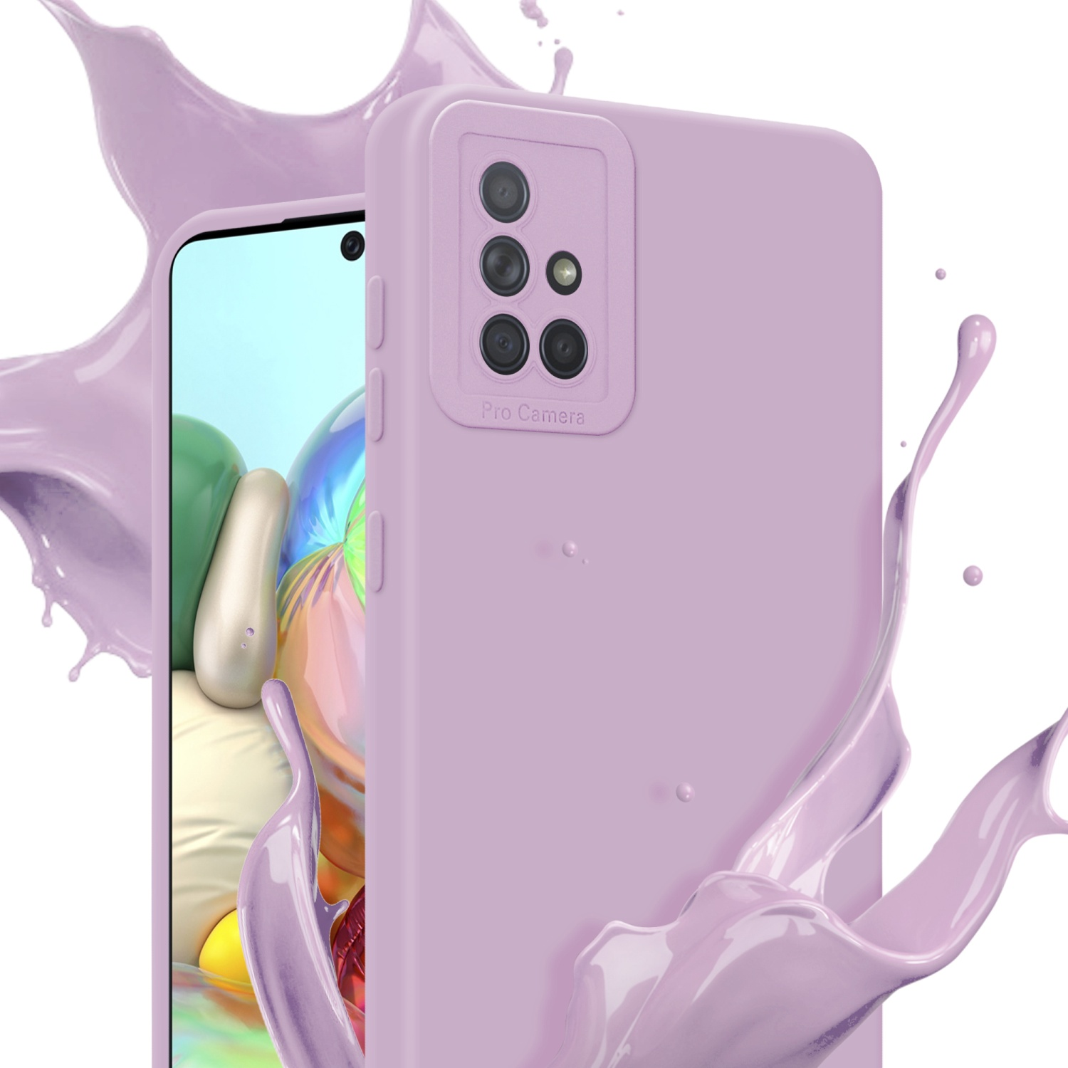 Un étui de téléphone violet avec une bosse pour l'appareil photo est présenté. De la peinture violette est éclaboussée autour.