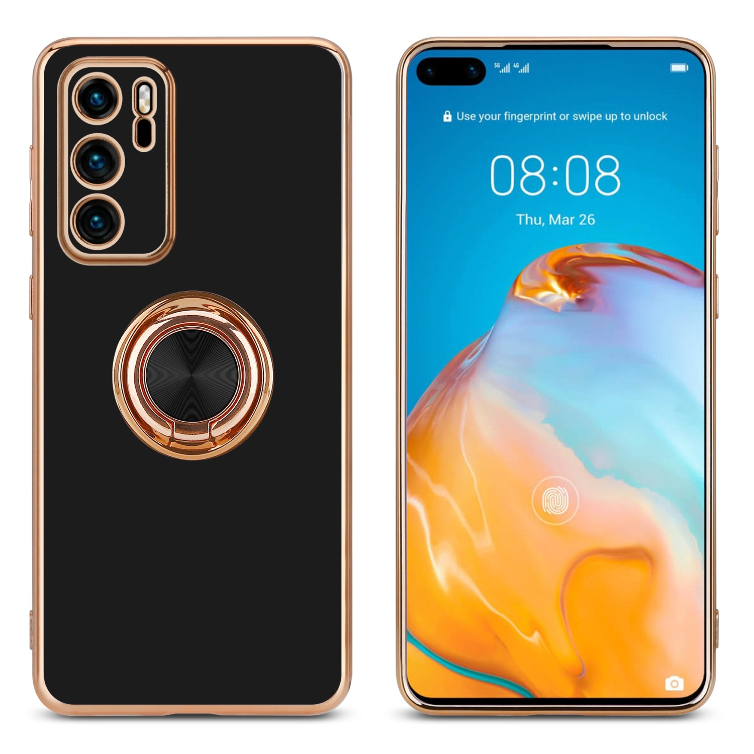 Téléphone avec coque noire et bord doré, support d'anneau, sur une table.