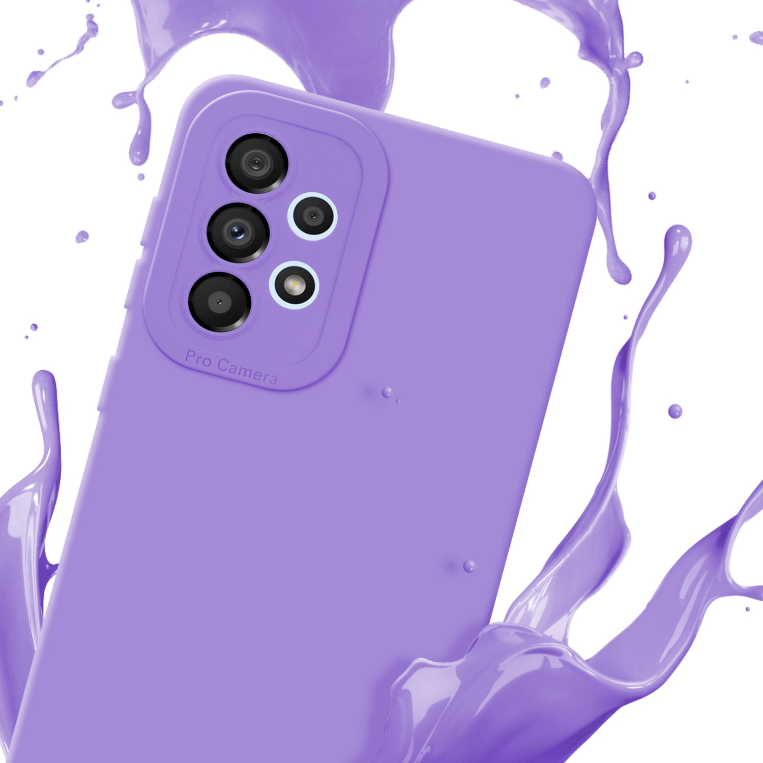 Una custodia per telefono viola con un rigonfiamento della fotocamera, spruzzata di liquido viola su sfondo bianco.