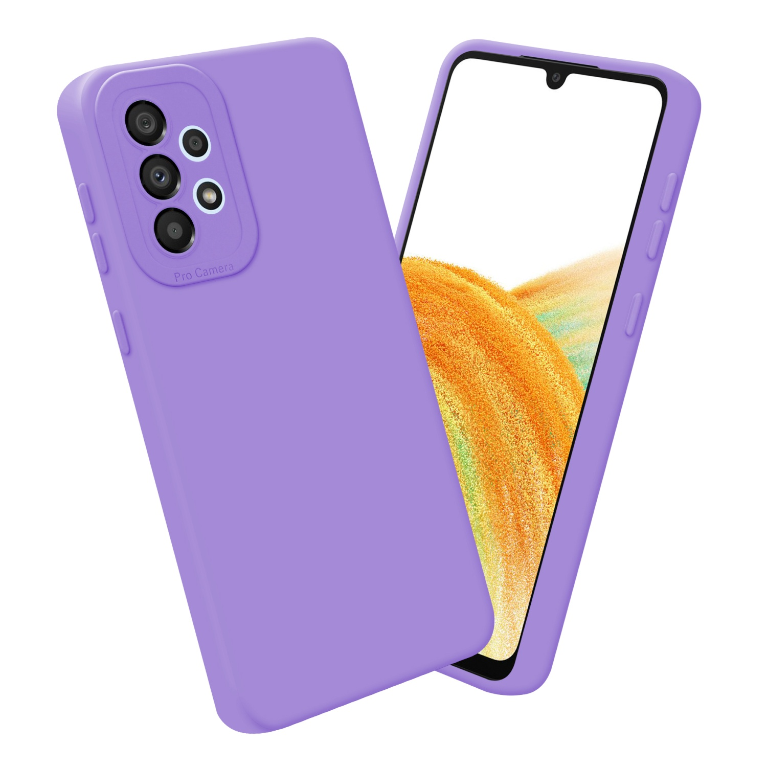 Custodia viola per telefono con un telefono all'interno, con sfondo arancione.