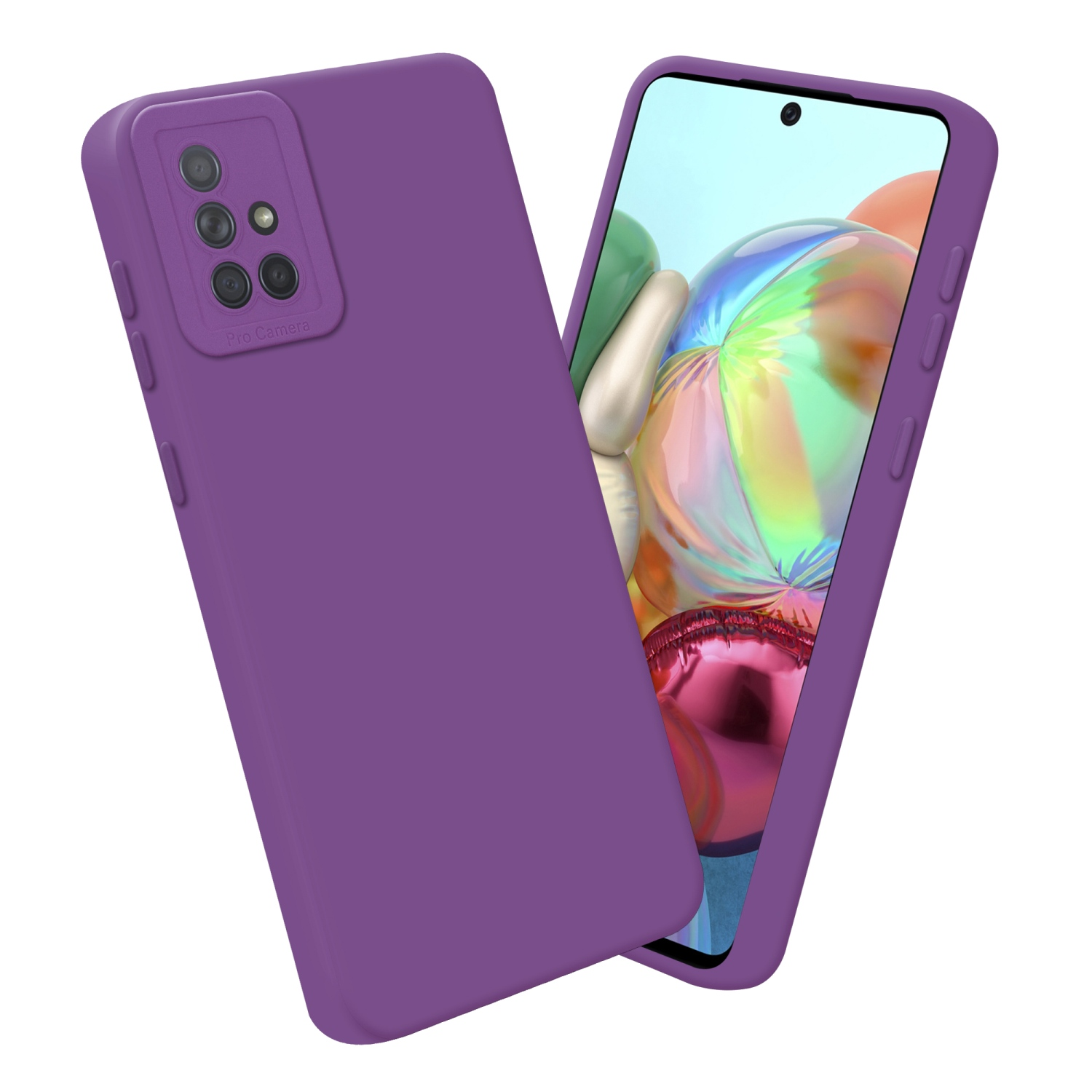Custodia per telefono viola con fotocamera, su sfondo bianco e schermo del telefono.