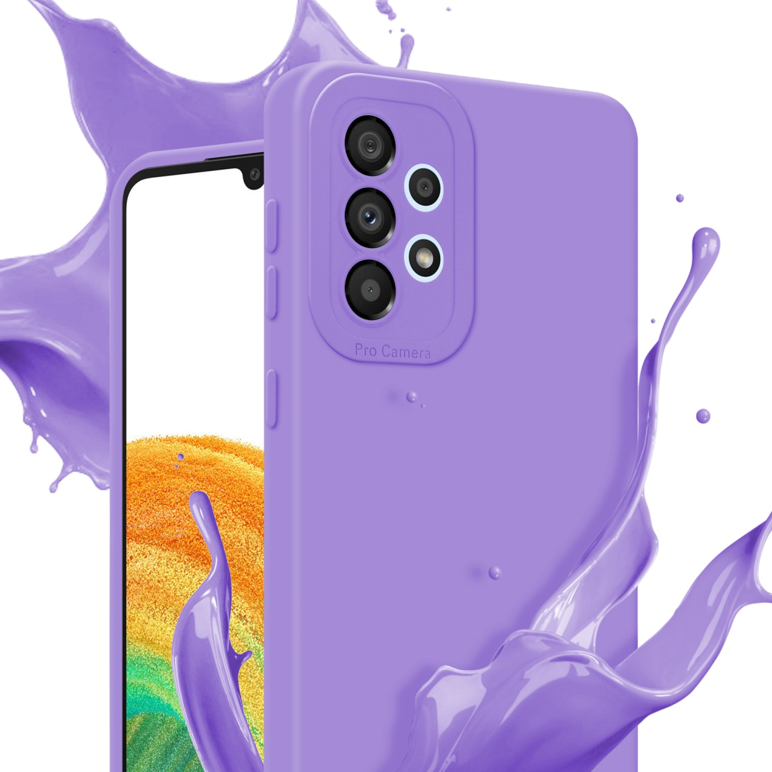 Una custodia per telefono viola con fotocamera pro è mostrata con schizzi di vernice viola.