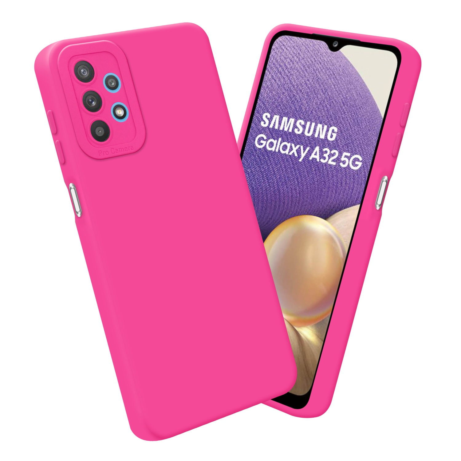 Custodia rosa per telefono accanto a uno schermo del telefono che dice Samsung Galaxy A32 5G.