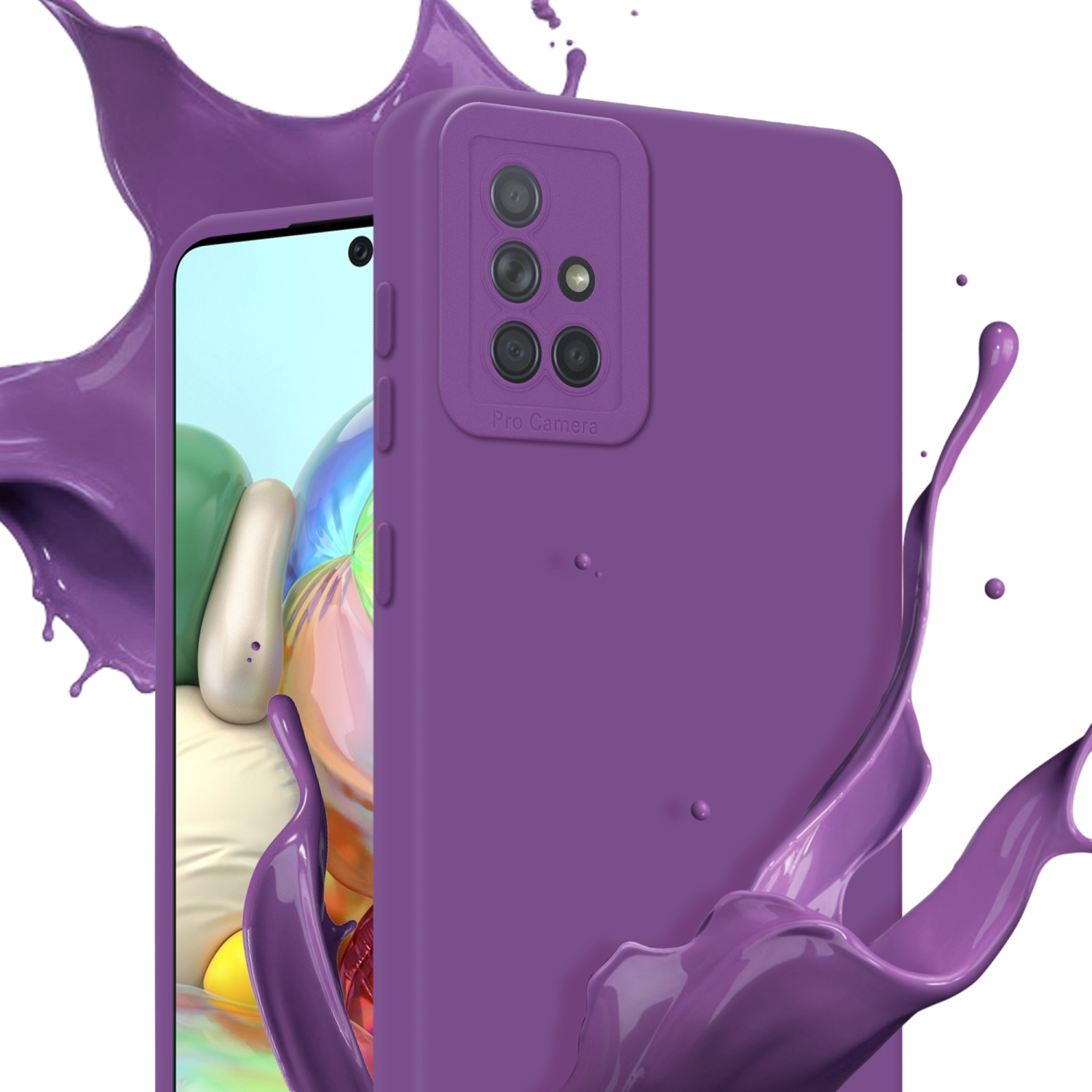 Custodia viola per telefono con fotocamera pro. Schizzi di vernice viola sullo sfondo.