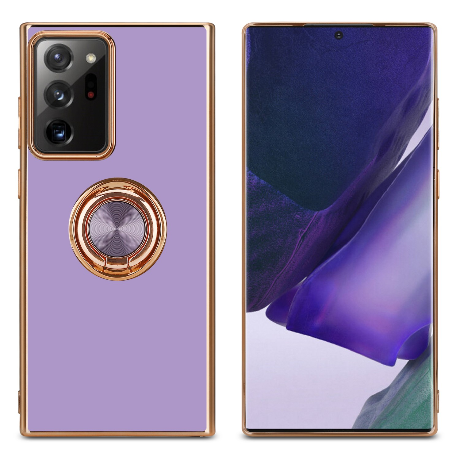Zwei Telefone mit Hüllen. Lila Hülle mit Ring, und Telefondisplay mit Oberfläche.