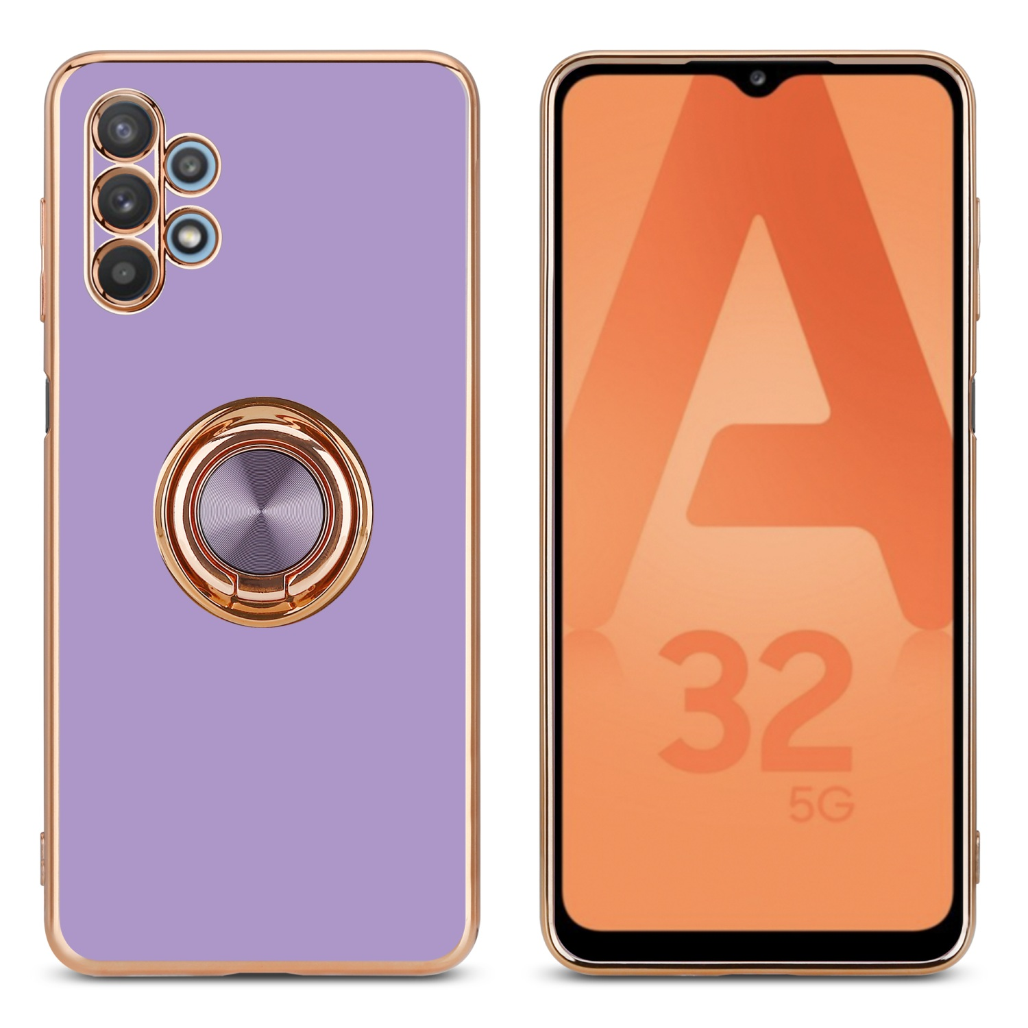 Custodia viola con anello di supporto, cornice dorata, con schermo del telefono.
