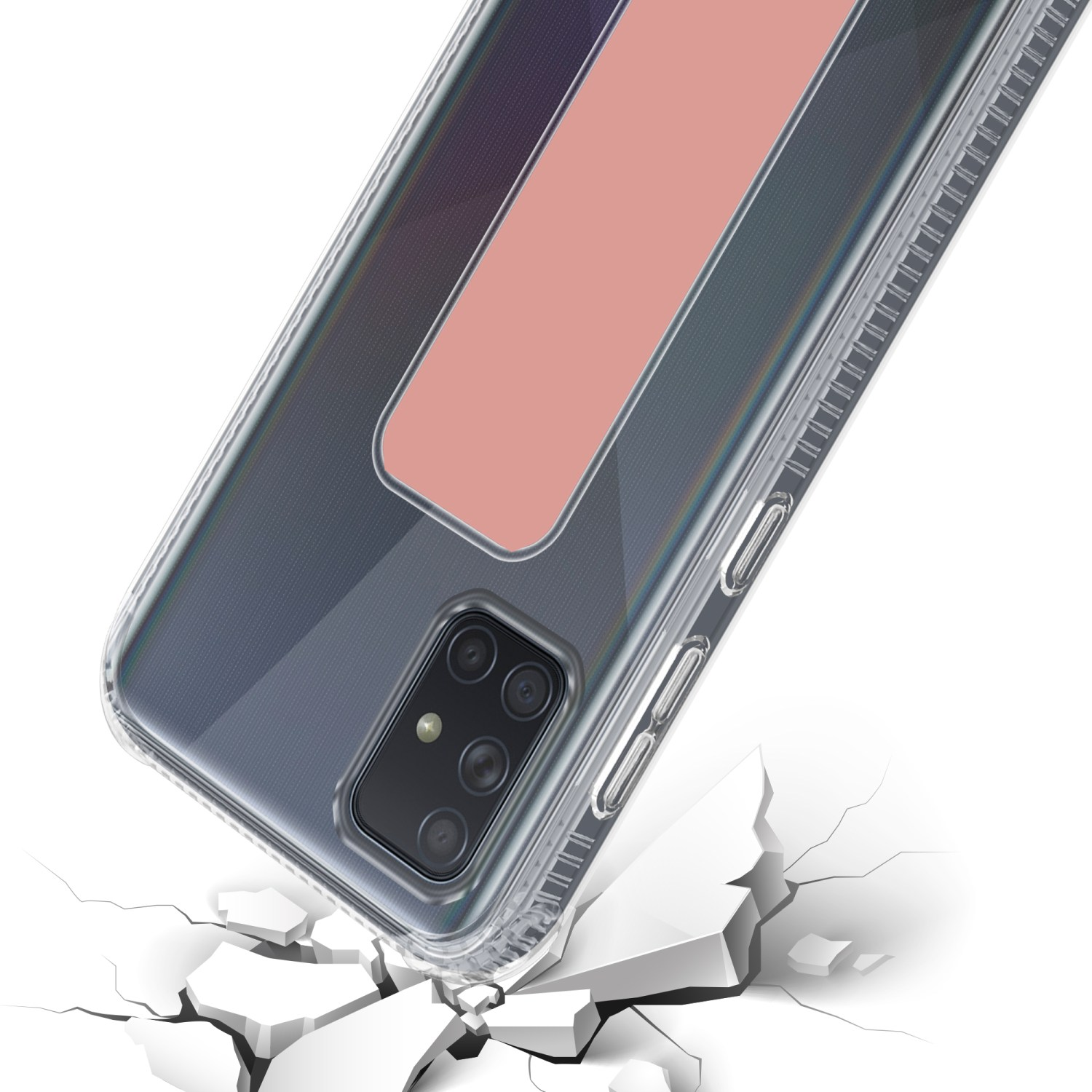 Transparente Handyhülle auf einem Telefon. Das Telefon lässt den Boden zerbrechen. Pinker Hintergrund.