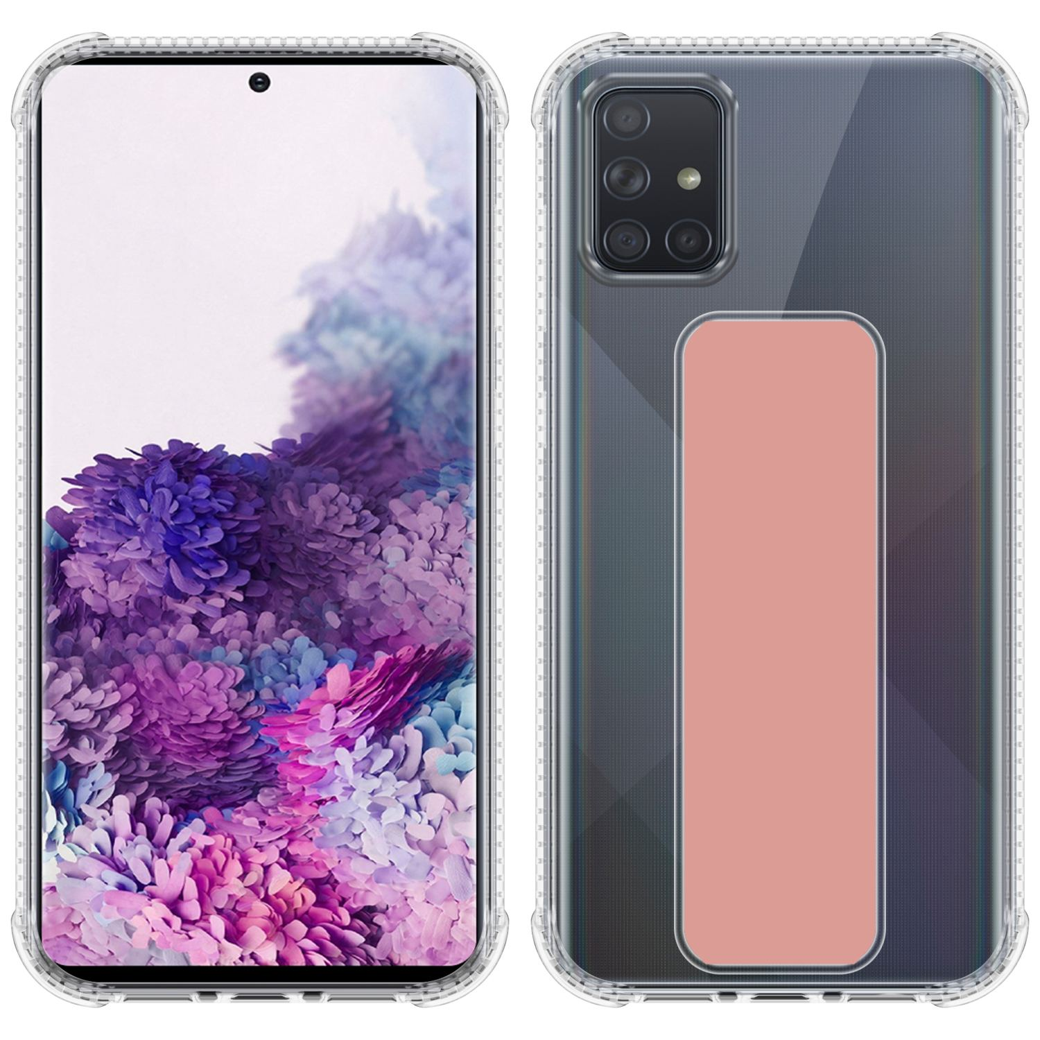 Ein Telefon in einer transparenten Hülle. Eine Seite zeigt den Bildschirm des Telefons, die andere die Rückseite.