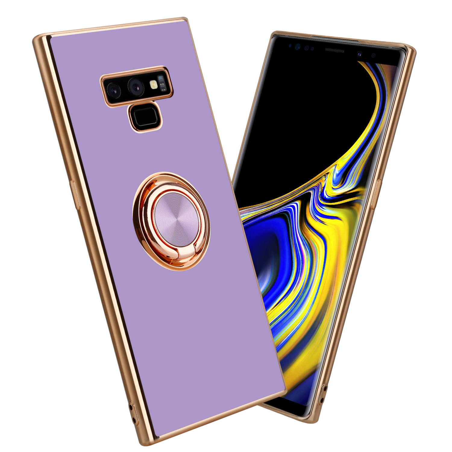 Custodia per telefono viola con finiture dorate e supporto ad anello, accanto a un telefono con schermo nero.