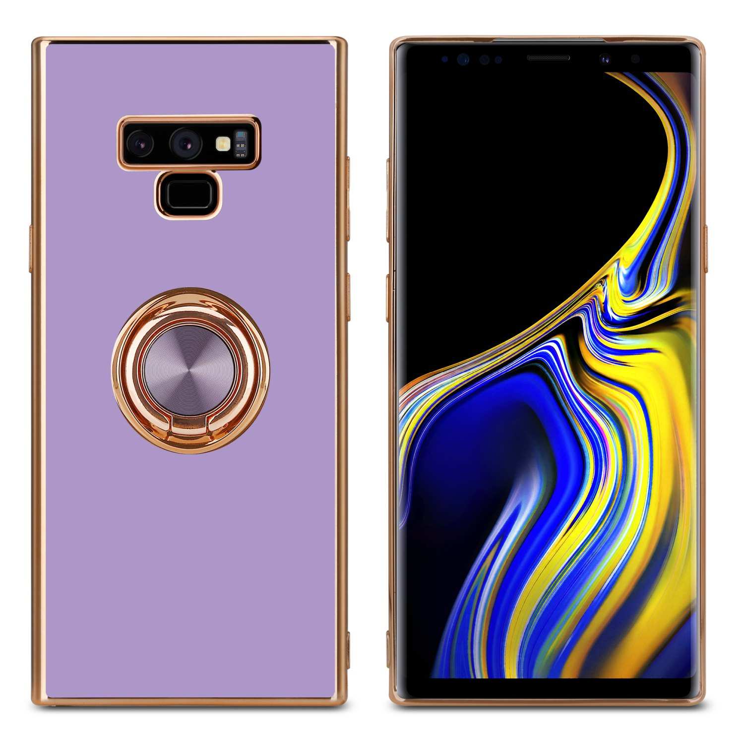 Una custodia per telefono viola con anello dorato e un telefono con bordo dorato, a destra, schermo nero.