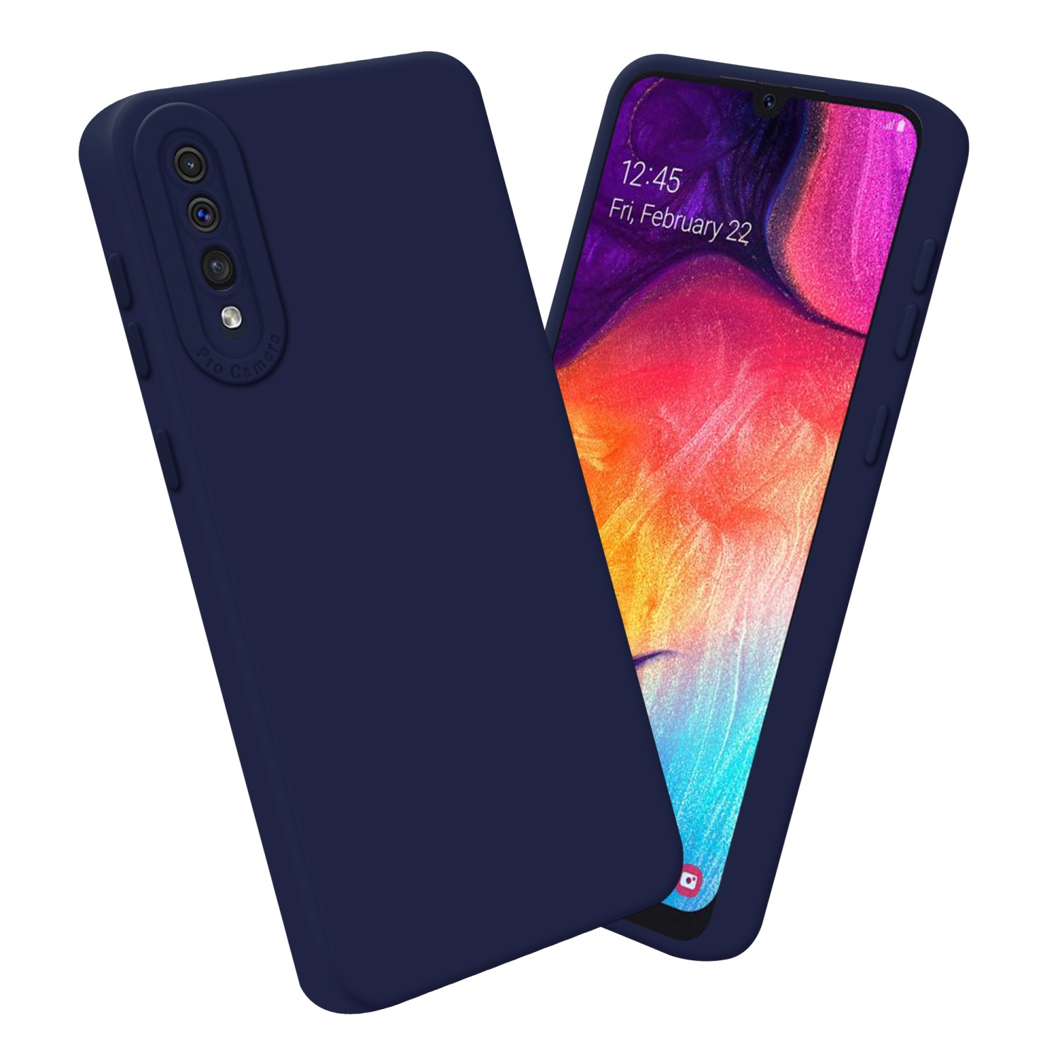 Coque de téléphone bleu marine avec un téléphone à l'intérieur. La date sur l'écran est le 22 février, 12h45.