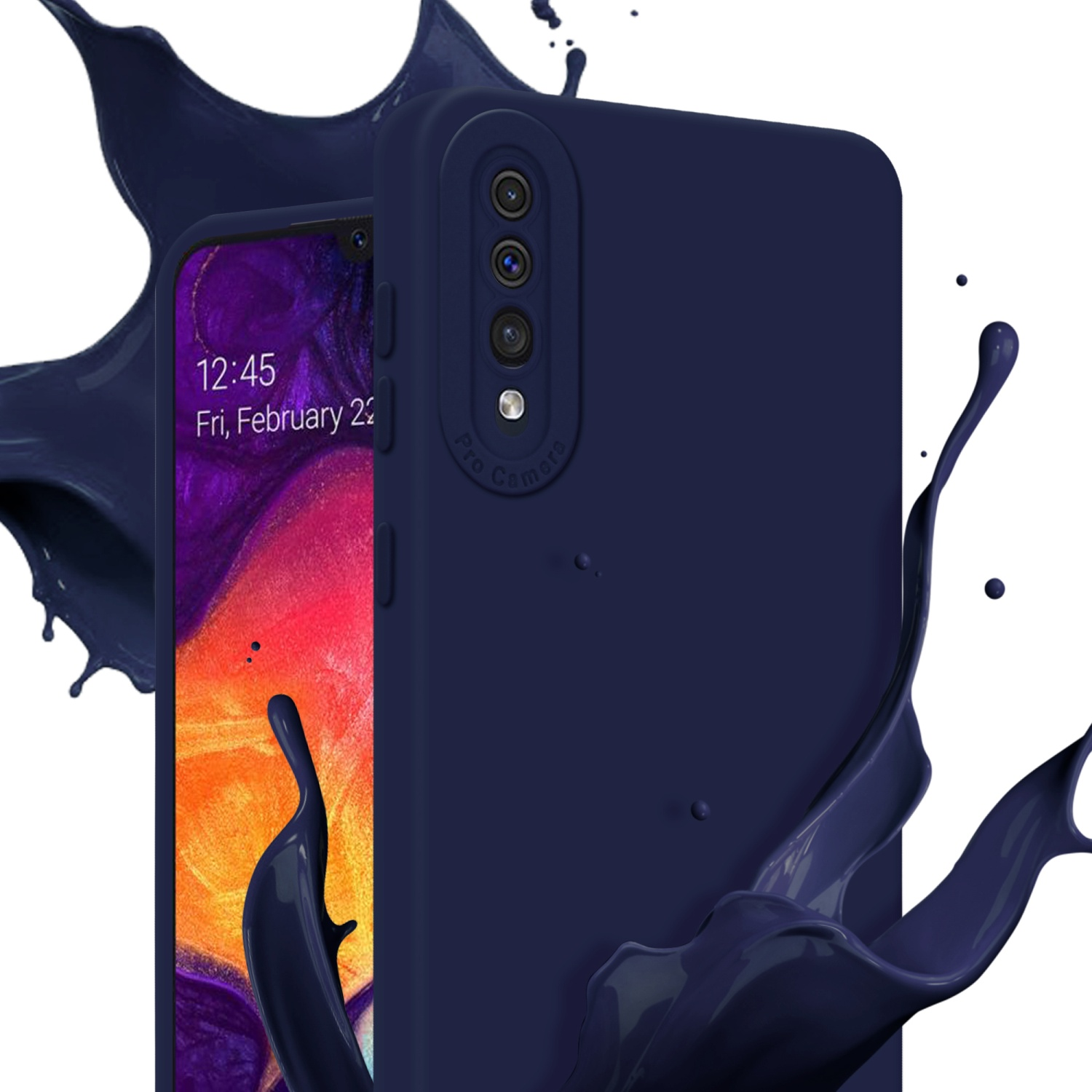 Une coque de téléphone bleu marine et un téléphone. Le téléphone affiche un écran d'accueil.