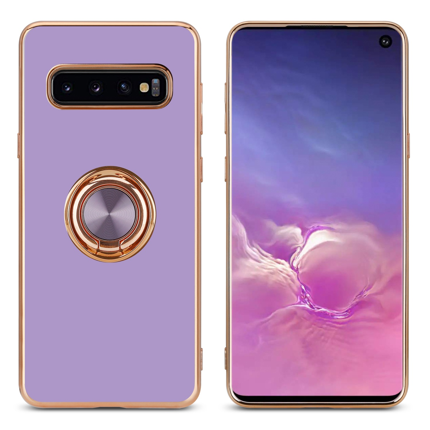 Zwei Telefone, eines mit lila Hülle und Ringhalter, das andere mit sichtbarem Bildschirm. Goldene Zierleiste.
