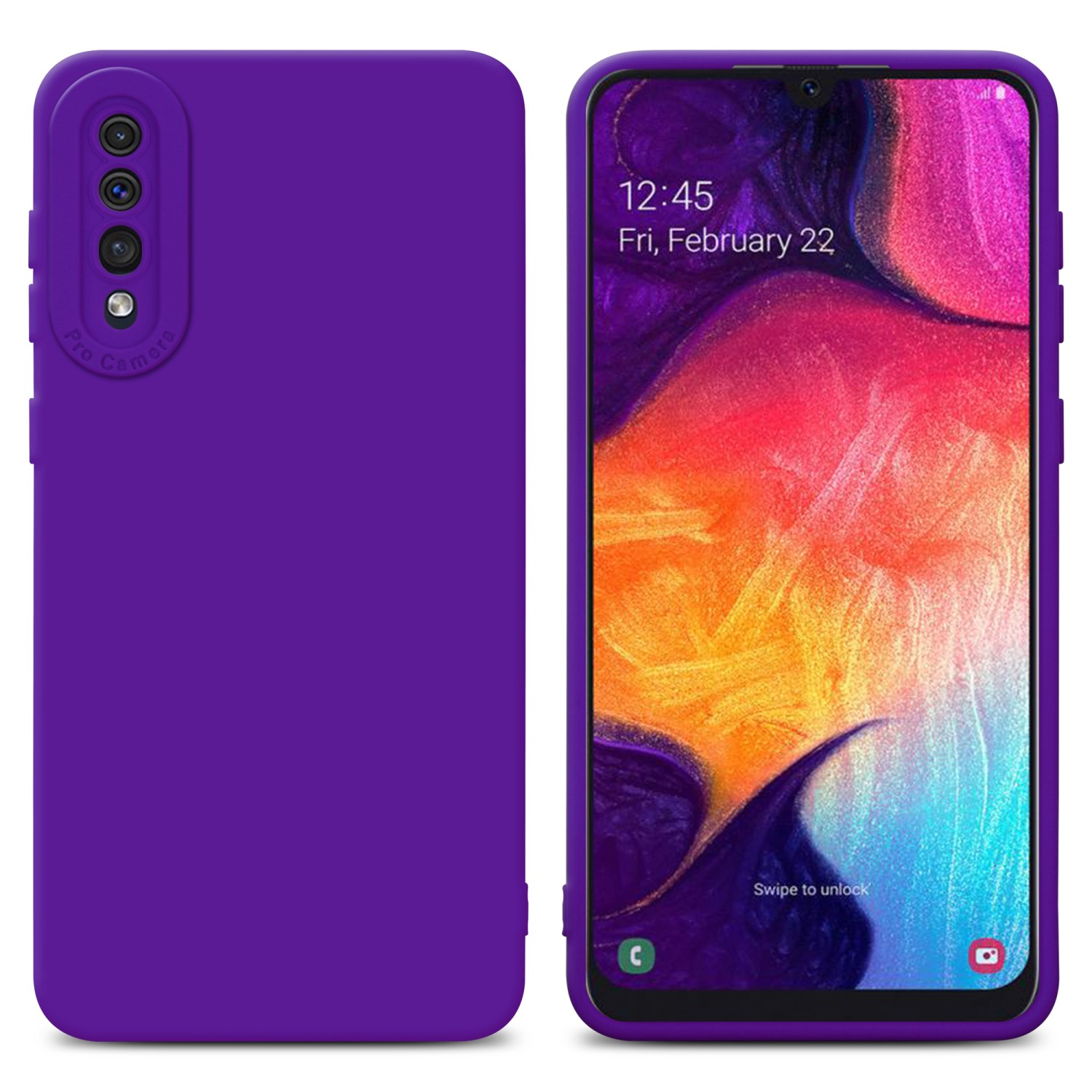 Custodia con telefono che mostra ora e app. La custodia è viola.