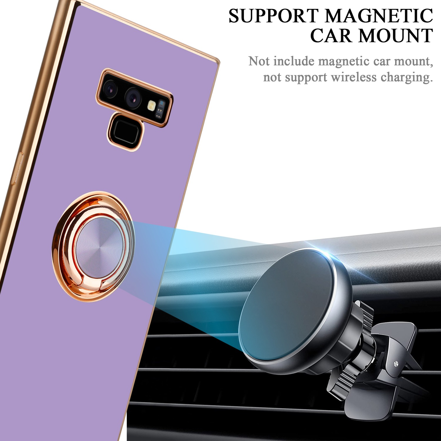 Custodia per telefono viola con supporto ad anello e supporto magnetico per auto.