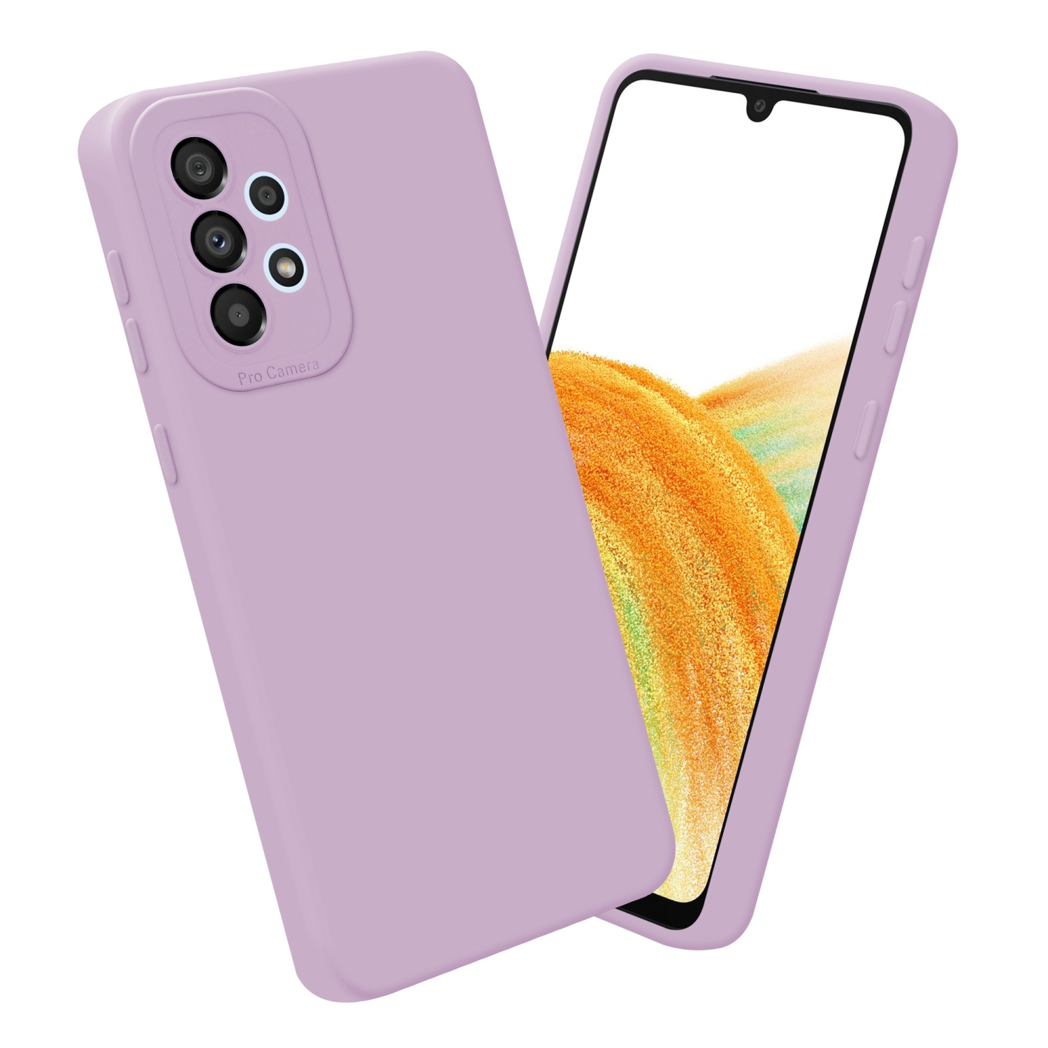 Due custodie per telefono lavanda con telefoni, uno di lato. Entrambi hanno una sezione 'Pro Camera'.
