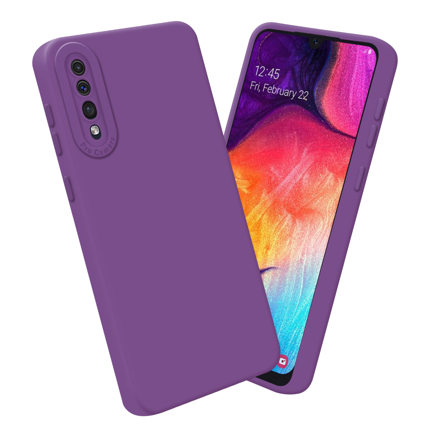 Coque de téléphone violette avec téléphone à l'intérieur, affichant l'écran. Fond blanc.