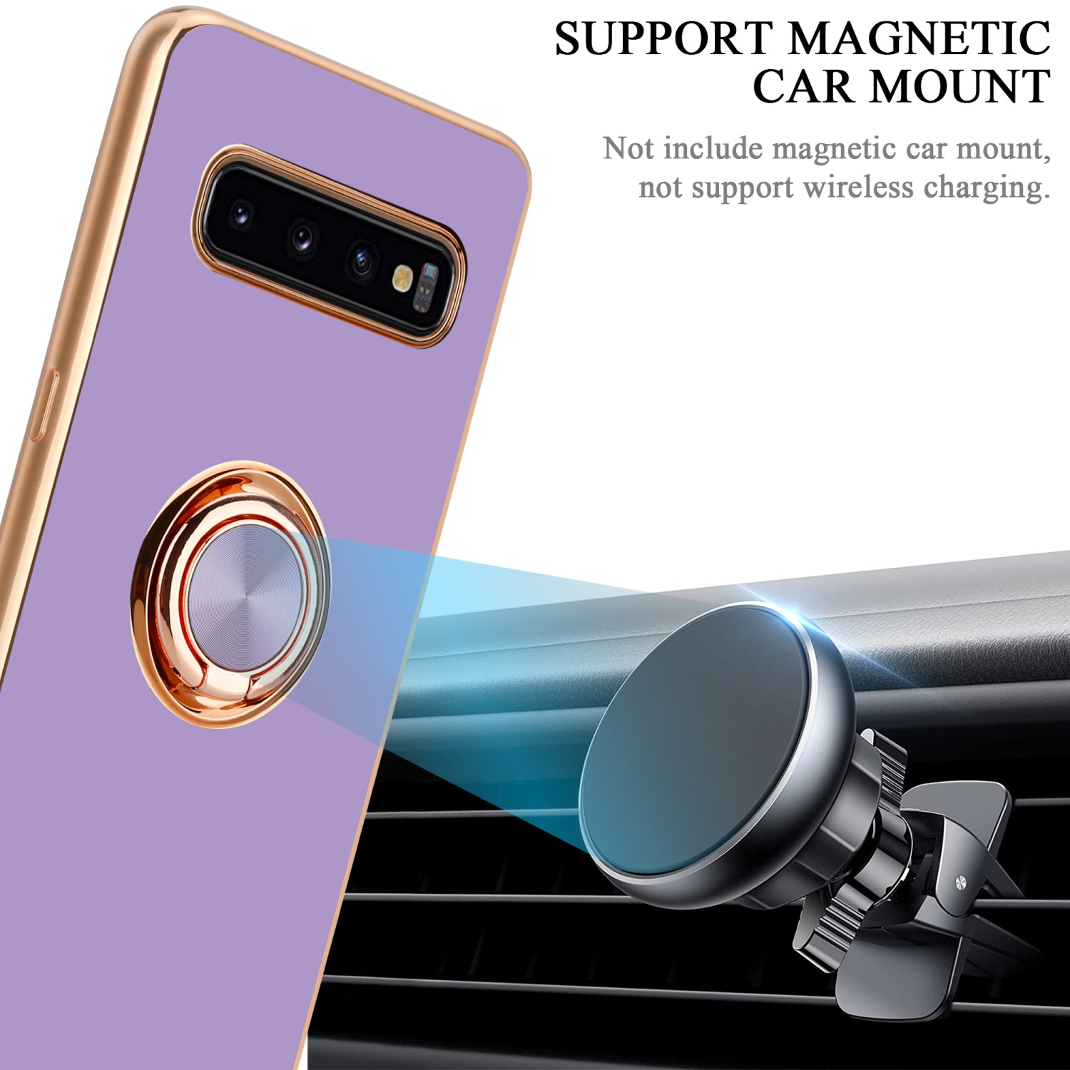 Lila Handyhülle mit magnetischer Autohalterung und Telefon.