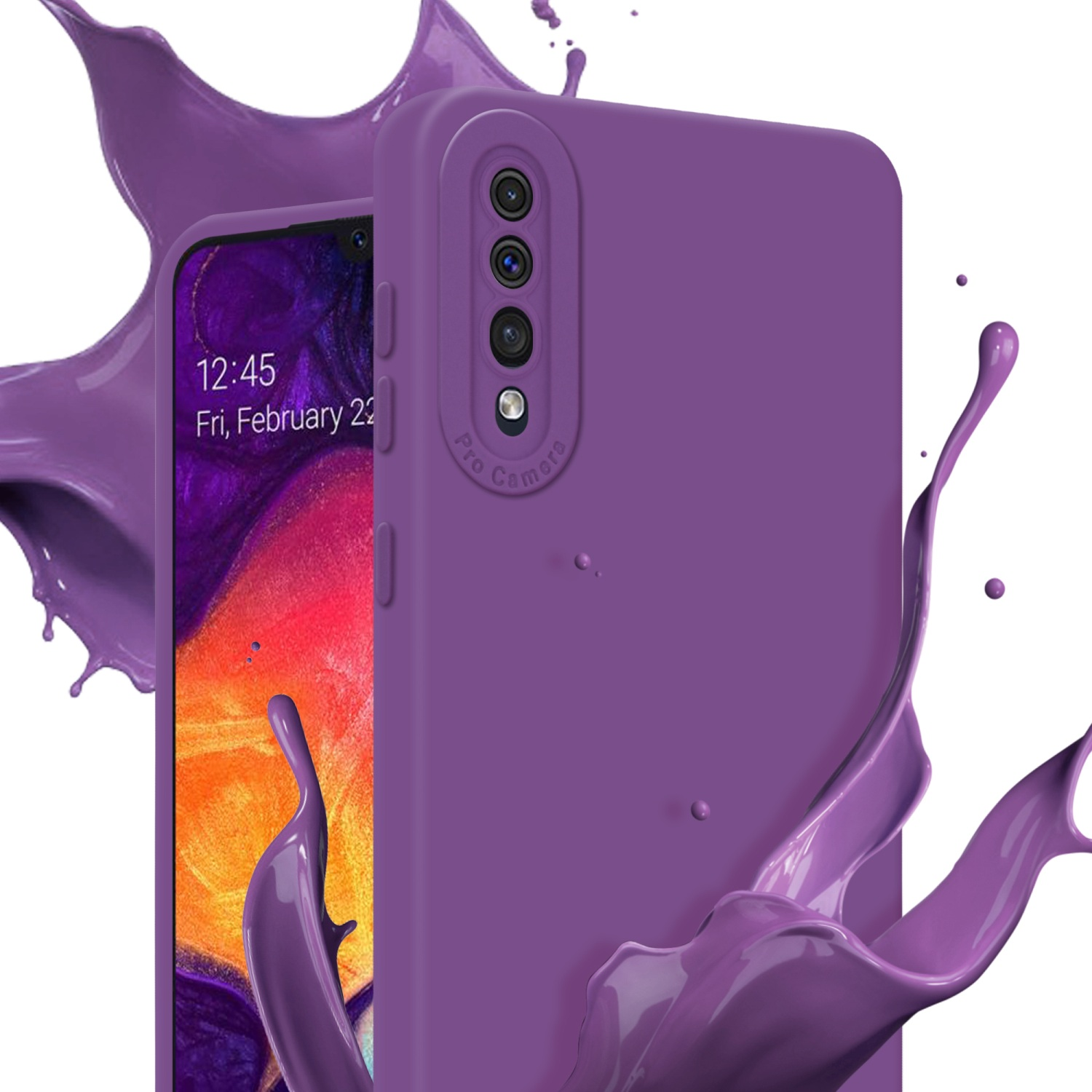 Coque de téléphone violette avec un téléphone à l'intérieur. Des éclaboussures de peinture violette autour de la coque.