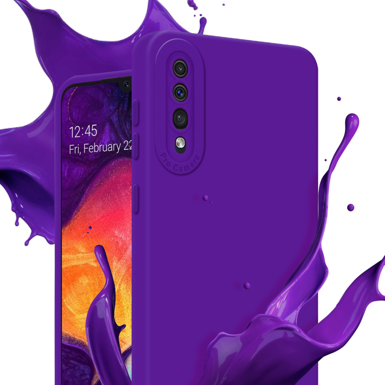Una custodia per telefono viola con effetto spruzzo di fotocamera su sfondo viola e bianco. Schizzi di vernice.