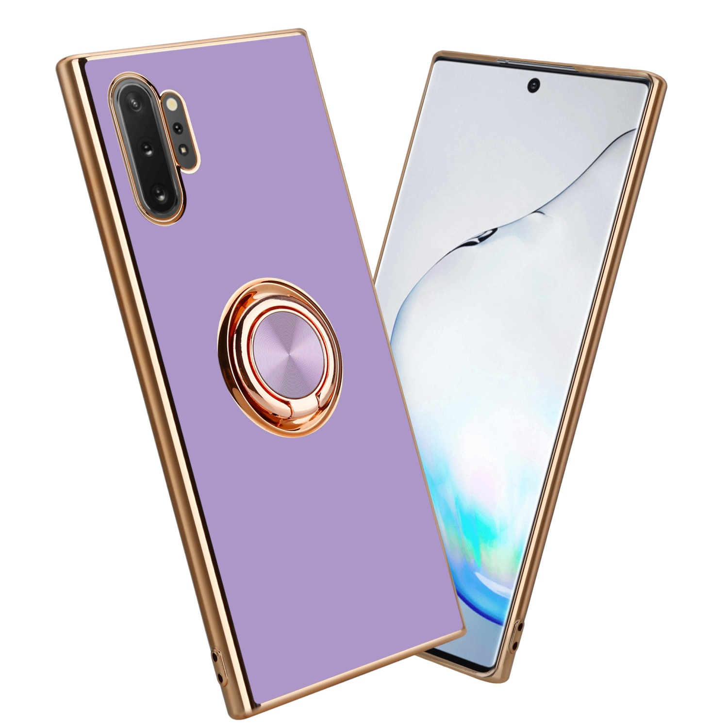 Lila Handyhülle mit goldenem Rahmen und Ringhalter. Das Telefon ist rechts. Das Telefon hat eine Kamera.