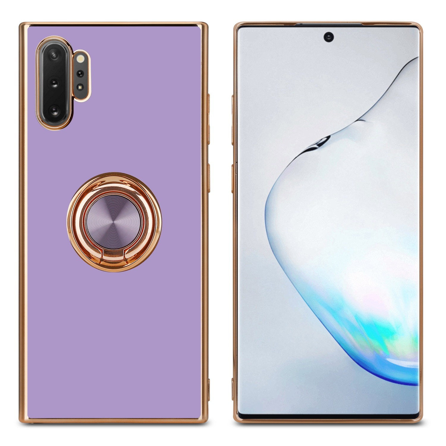 Lila Handyhülle mit goldenem Ringhalter. Telefon rechts, goldener Rahmen.